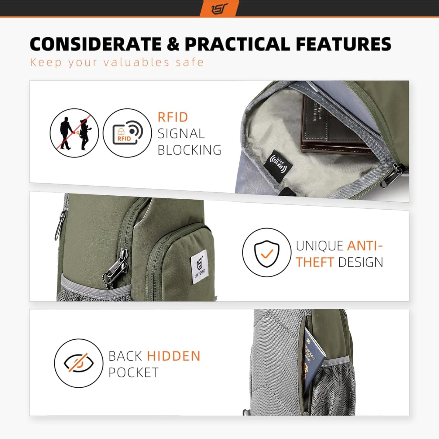 SKYSPER Sling Bag RFID Crossbody Sling Backpack Cross Body Shoulder Bag Travel Hiking Daypack for