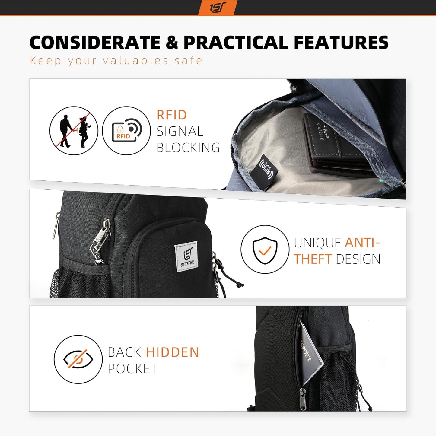 SKYSPER Sling Bag RFID Crossbody Sling Backpack Cross Body Shoulder Bag Travel Hiking Daypack for