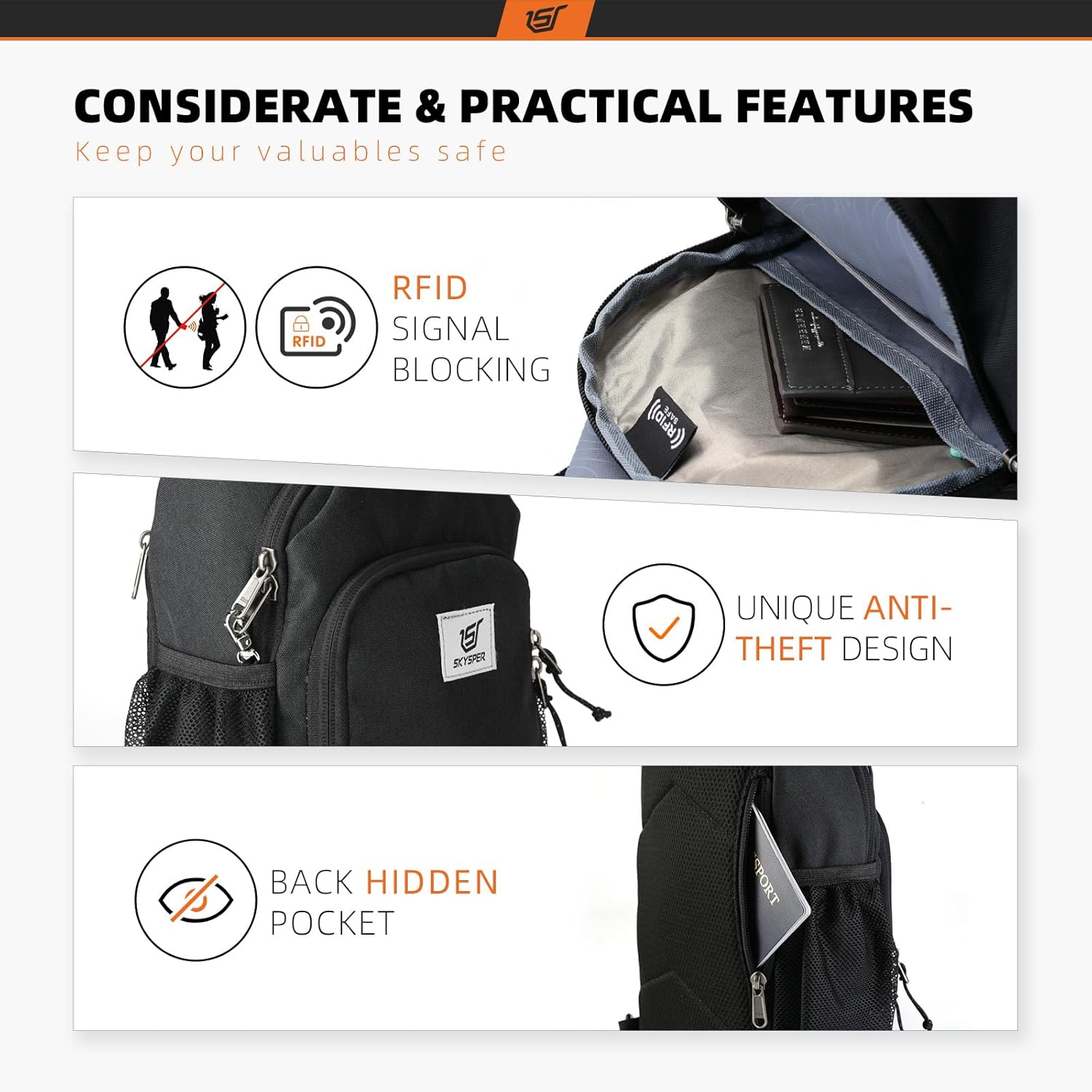SKYSPER Sling Bag RFID Crossbody Sling Backpack Cross Body Shoulder Bag Travel Hiking Daypack for