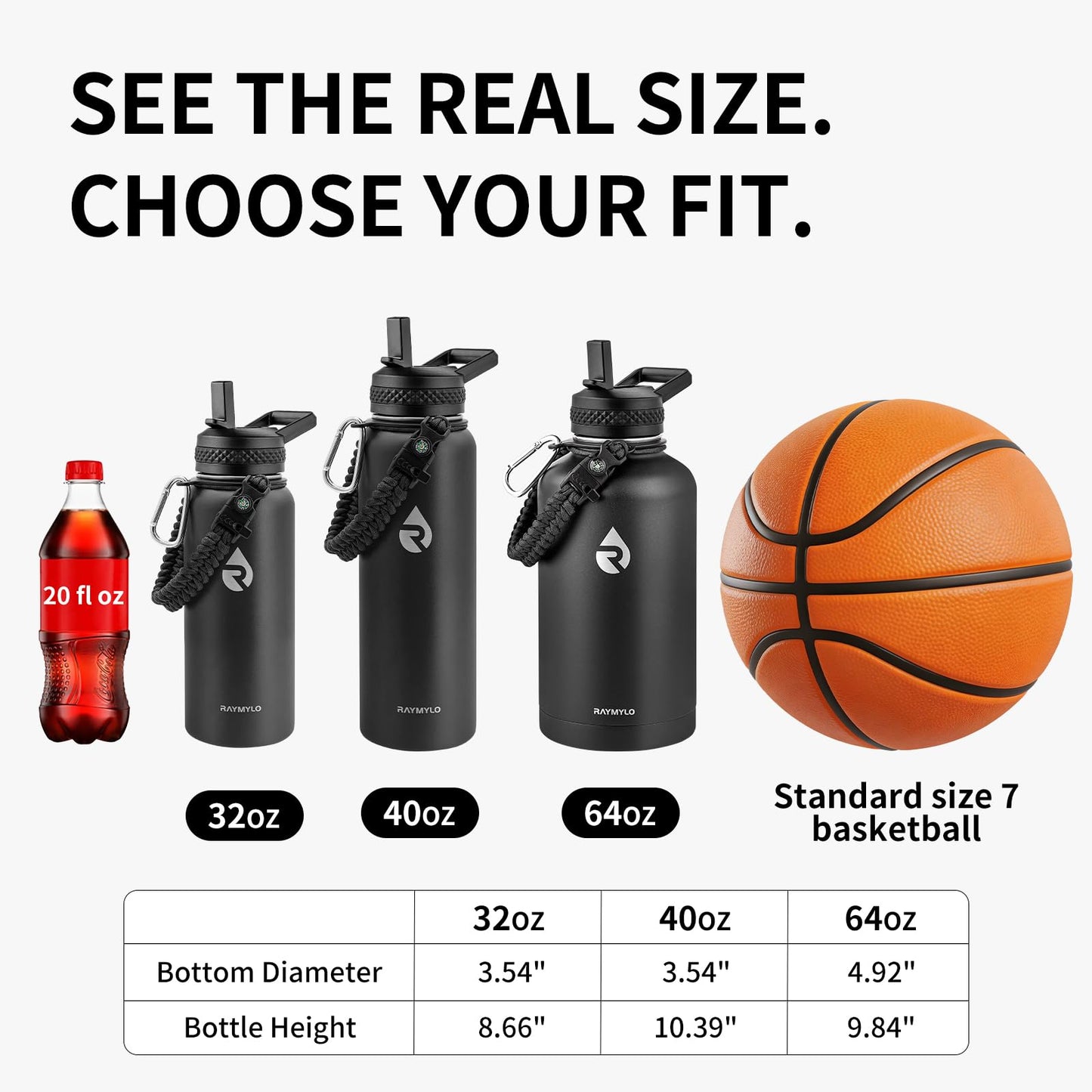RAYMYLO Insulated Water Bottle 40 oz, Triple Wall Vacuum Stainless Steel