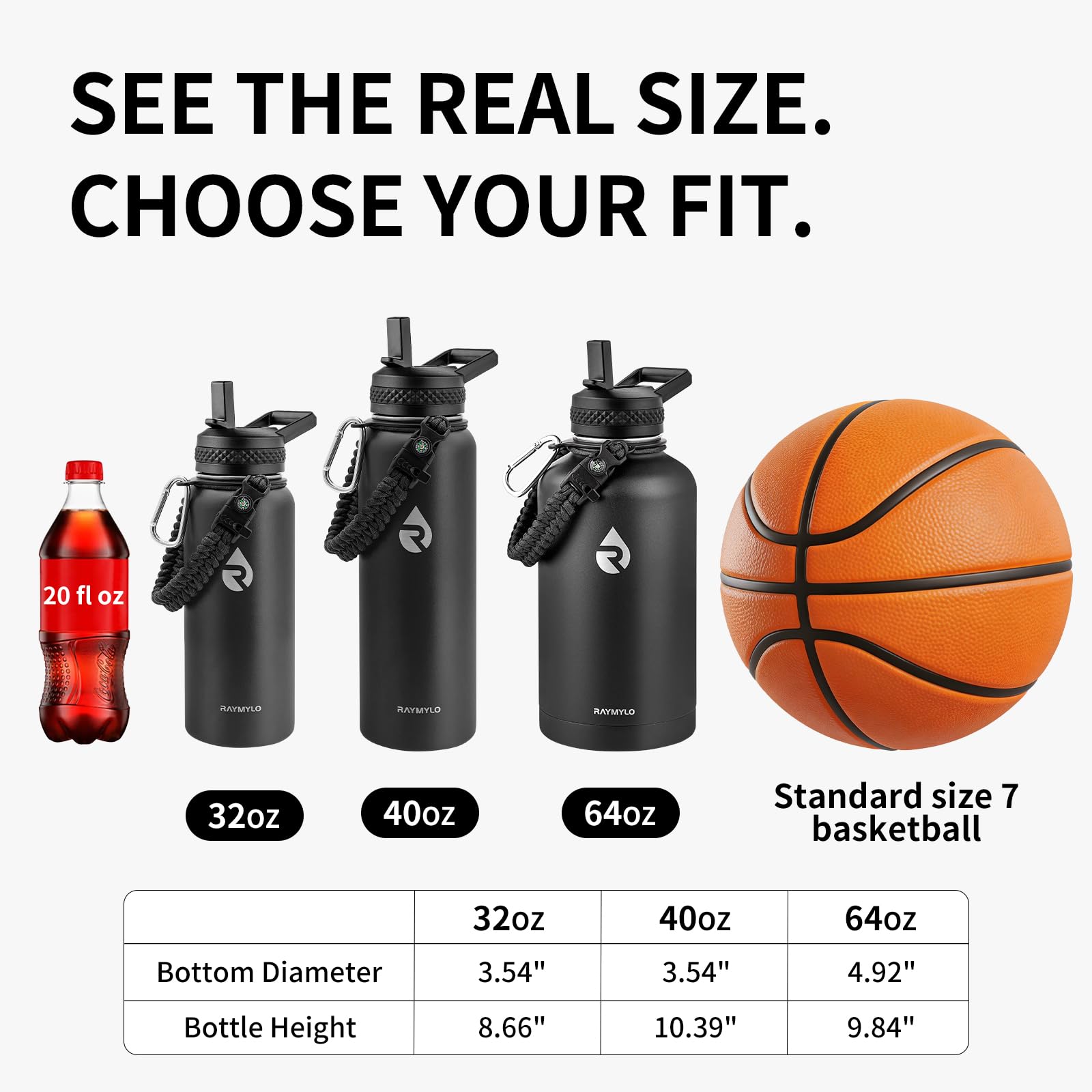RAYMYLO Insulated Water Bottle 40 oz, Triple Wall Vacuum Stainless Steel