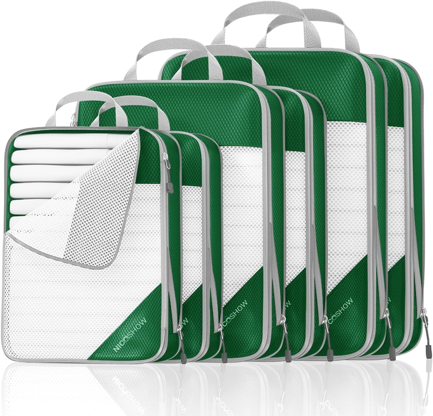 Compression Packing Cubes 6 Set, Compressible Space-Saving Packing Cubes for Travel - Compression Bags, Luggage Organizer, Travel Essentials for Women, Dark Green