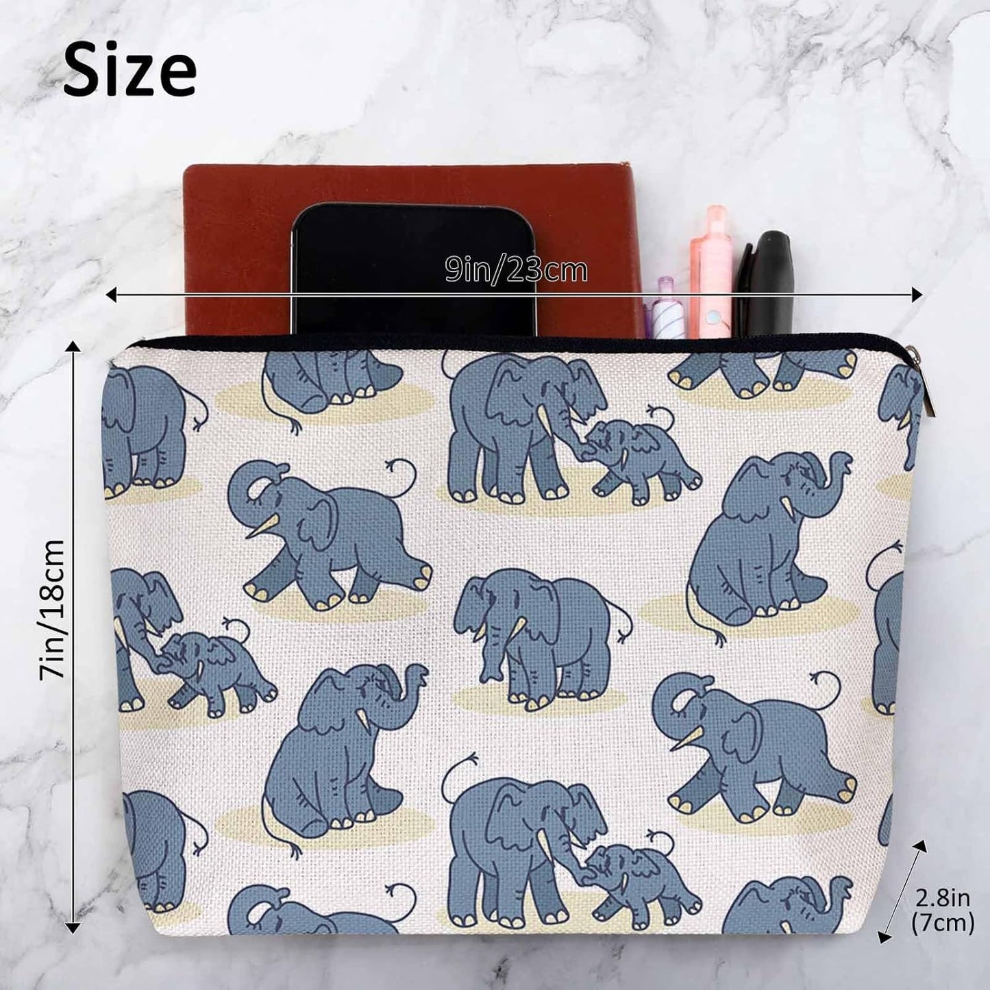 Elephant Makeup Organizer Bag Cosmetic Bag For Men Women, Cute African Animal Elephant Blue Travel Toiletry Bag Flax Makeup Bags Purse Business Makeup Pouch For Toiletries Cosmetics