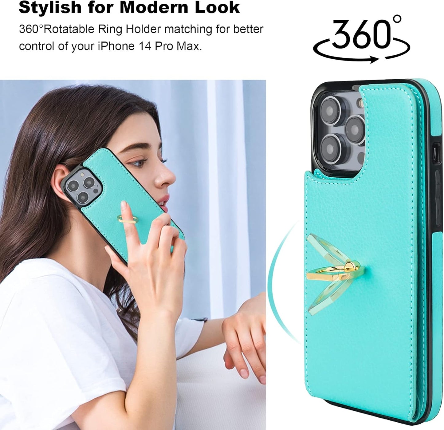 Folosu Compatible with iPhone 14 Pro Max Case Wallet with Card Holder, 360°Rotation Finger Ring Holder Kickstand, RFID Blocking Leather Protective Double Buttons Shockproof Cover 6.7 Inch Green