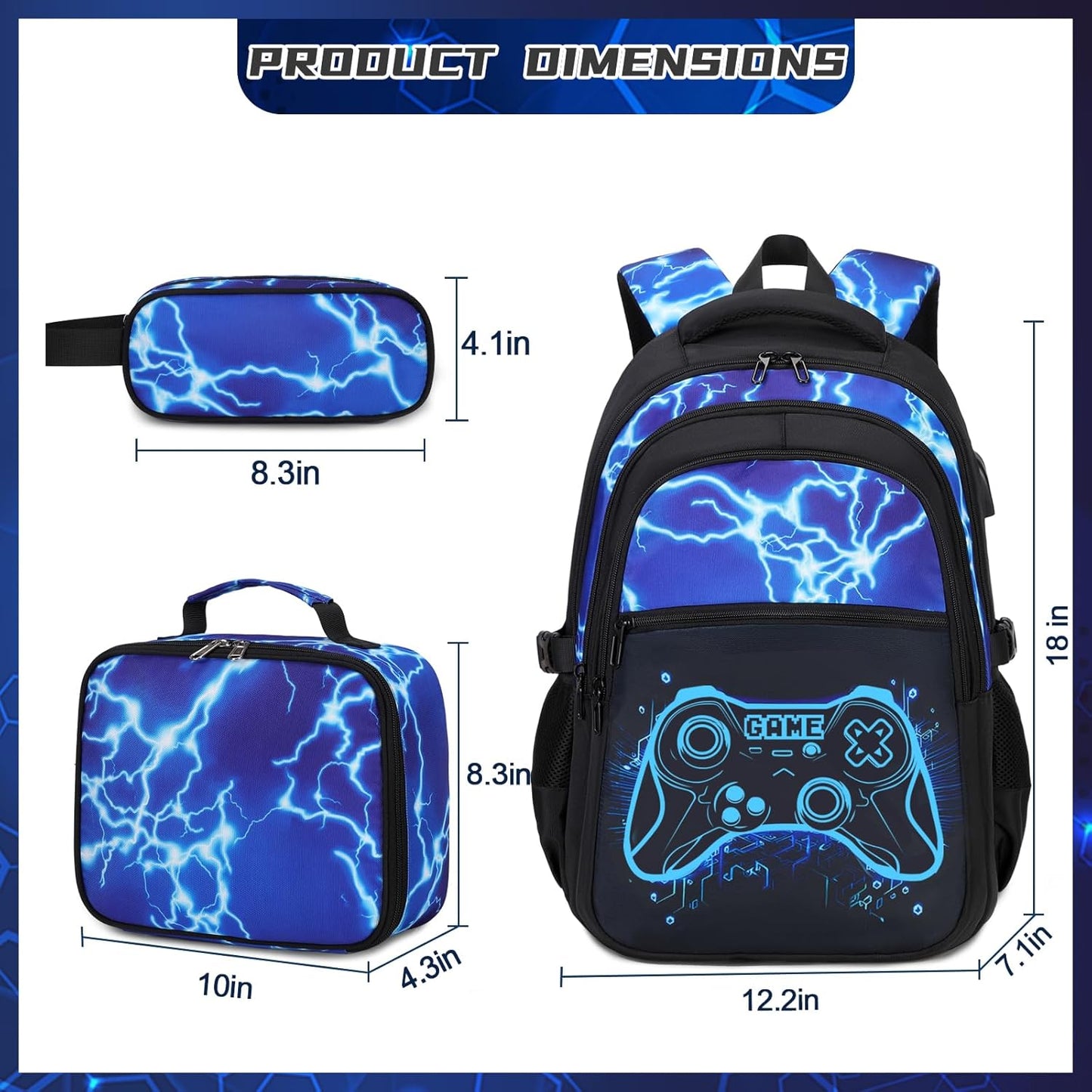 Boys Backpack for School, 3PCS Cool Luminous Gamer Backpack for Boys with Lunch Box Pencil Case, Kids Backpacks Bookbag for Teen Boy Elementary Middle High School with USB Charging Port