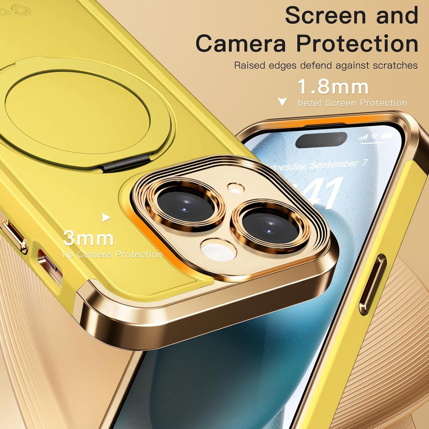 COOLQO for iPhone 14 Case 6.1'' Upgraded 360° Spin Magnetic Stand [Compatible with Magsafe][Military Grade Drop Protection] Shockproof Protective Phone Holder Cover for iPhone 14, Yellow Gold