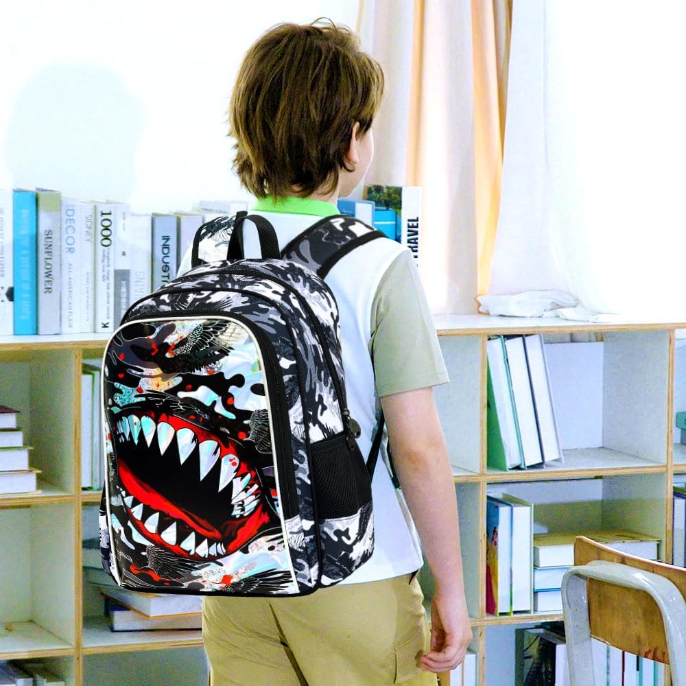 3Pcs Backpack for Boys, 16" Shark Kids Bookbag with Lunch Box, School Backpacks for Elementary Preschool Kindergarten (Black)