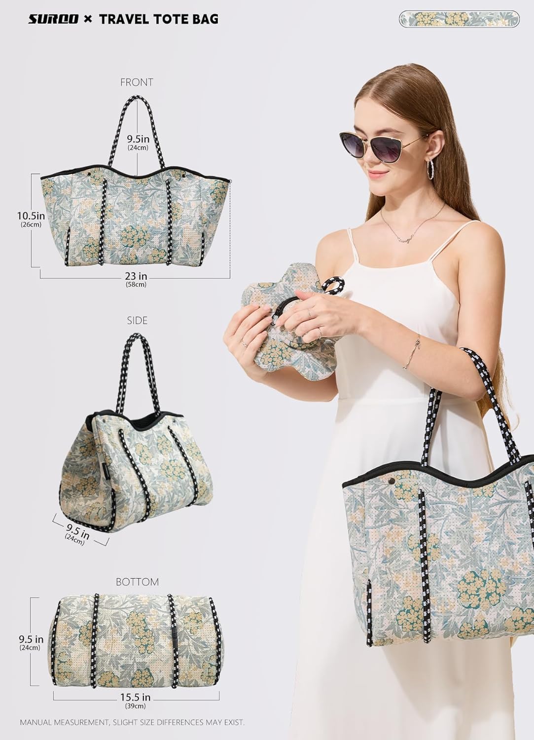 Neoprene Beach Bag for Women, Large Travel Tote Gym & Pool Bag, Detachable Pouch