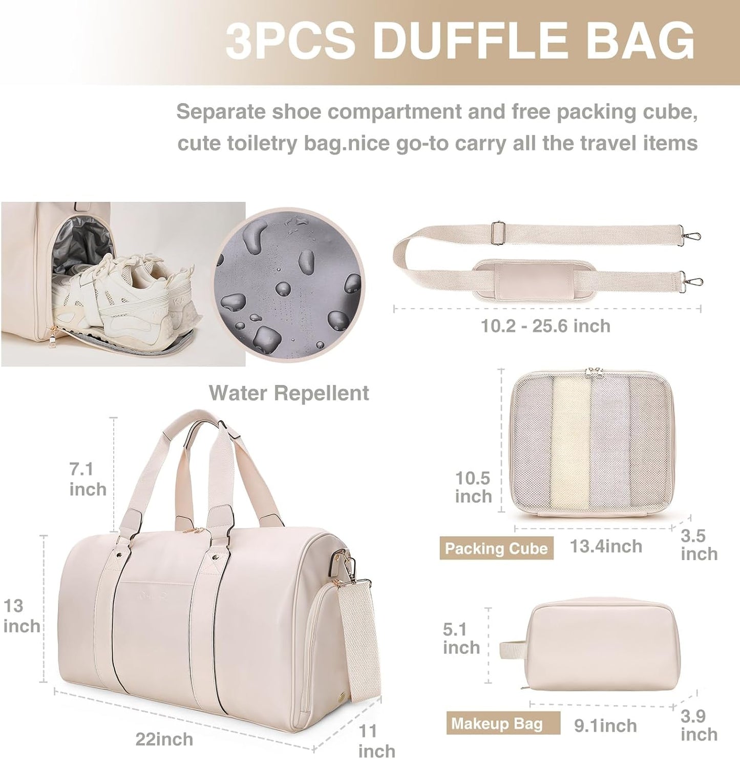 Weekender Bag for Women Men, Large Overnight Bag Faux Leather Travel Duffel Bag with Shoe Compartment Toiletry Packing Cube Carry On Bag Fit 21" Laptop 3Pcs Set (Beige)