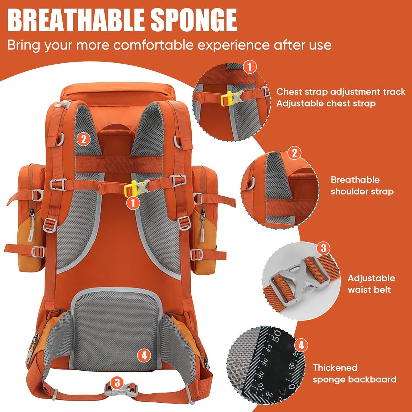 Bseash 70L (65+5) Waterproof Hiking Camping Backpack with Rain Cover, Outdoor Sport Travel Daypack for Climbing Touring (Orange)