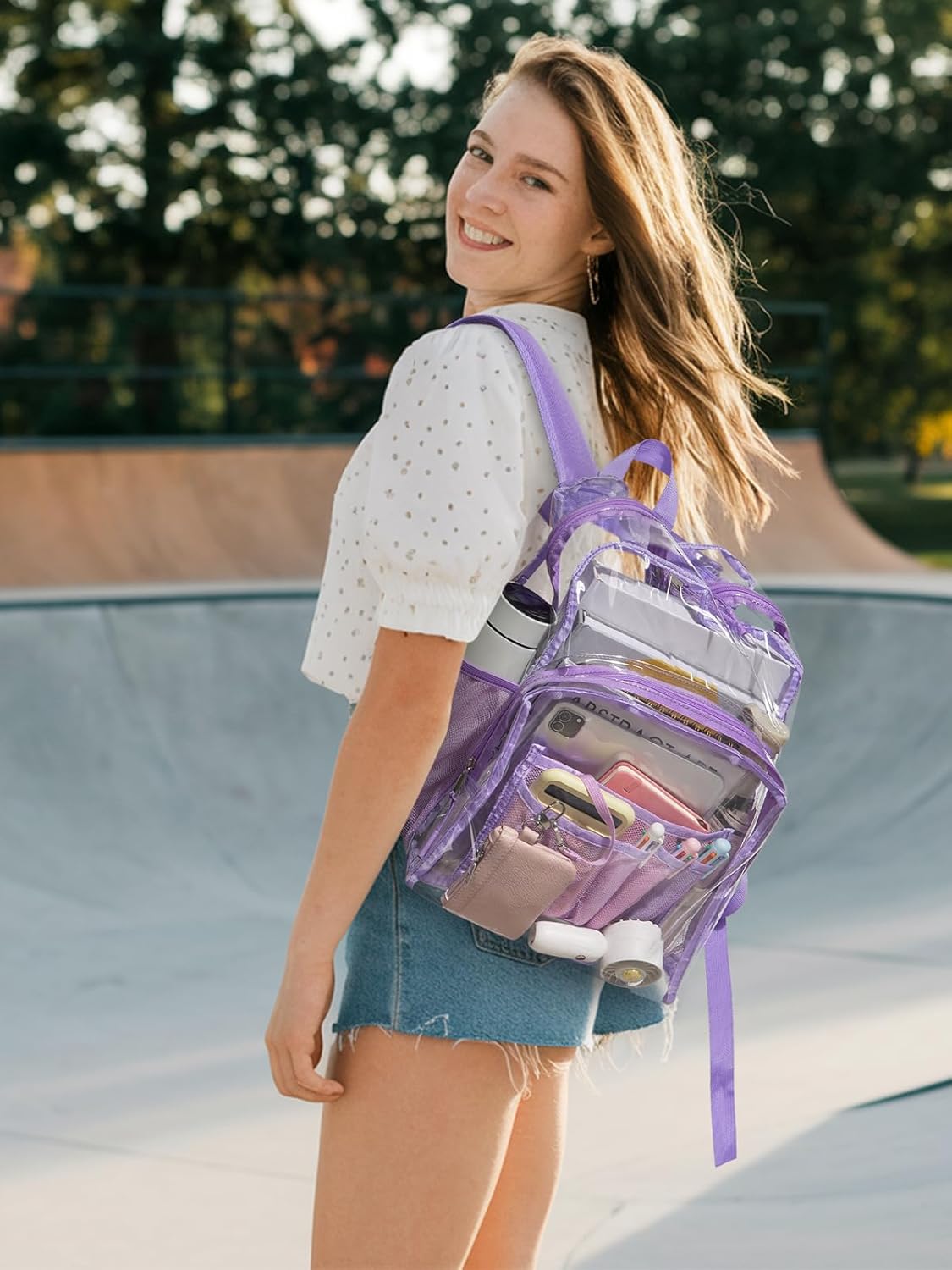 Clear Backpack for School, 17 inch Large Heavy Duty-TPU See Through Bookbag for Boys Girls and Adult, Transparent Backpack With Multi-Pockets for College Work Gym Sport, Light Purple