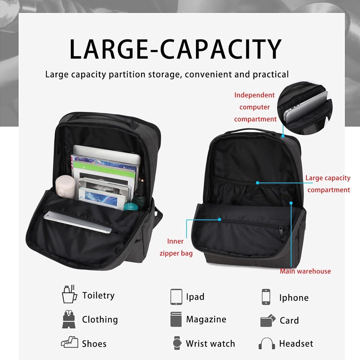 HEAD Waterproof Laptop Backpack for Men with Trolley Sleeve, Business Laptop Backpacks Fits 17.3 inch Notebook, Large Travel Backpack for Work/Commute/College