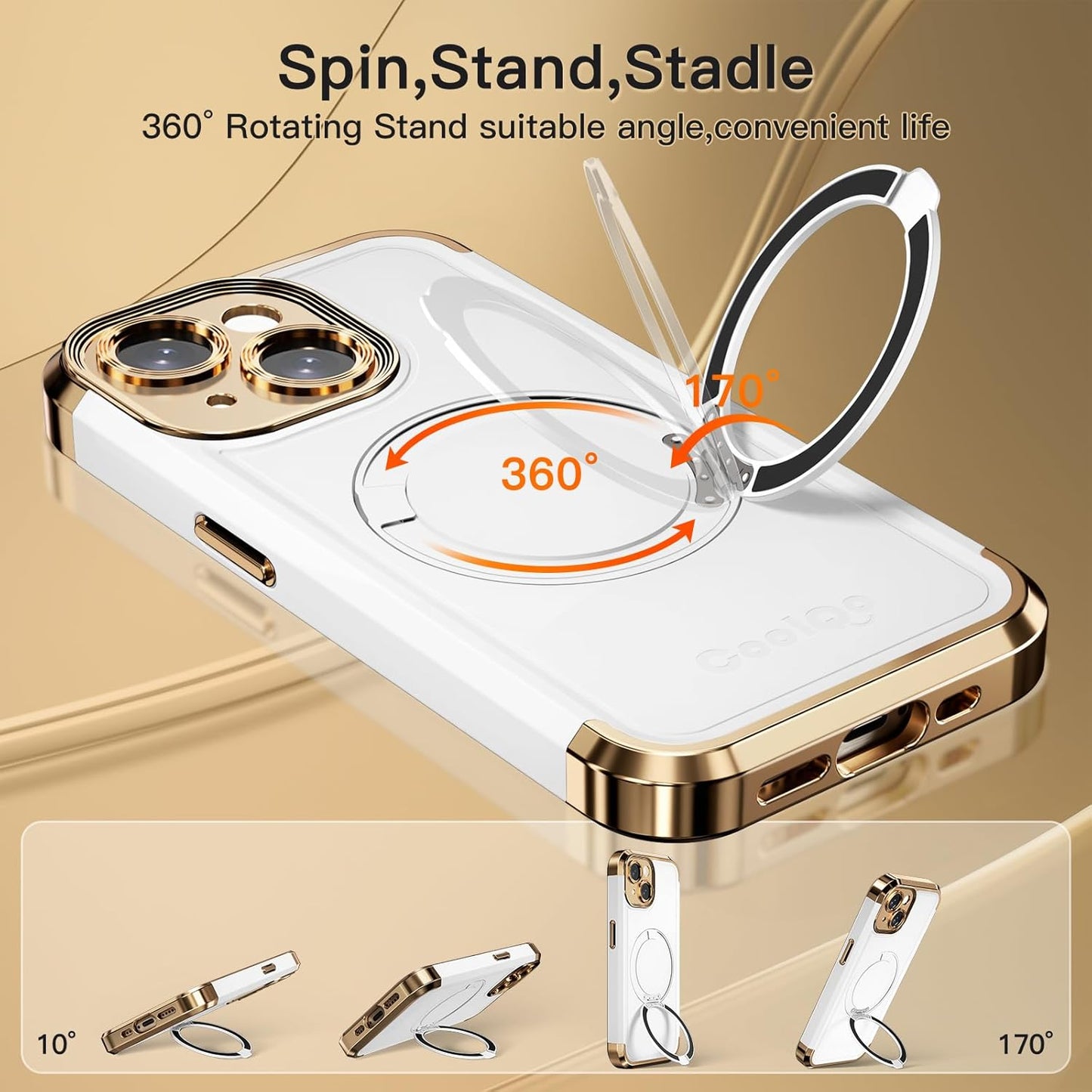 COOLQO for iPhone 13 Case 6.1'' Upgraded 360° Spin Magnetic Stand [Compatible with Magsafe][Military Protection] Plating Matte Scratch-Resistant Back Protective Shockproof Phone Case, White Gold