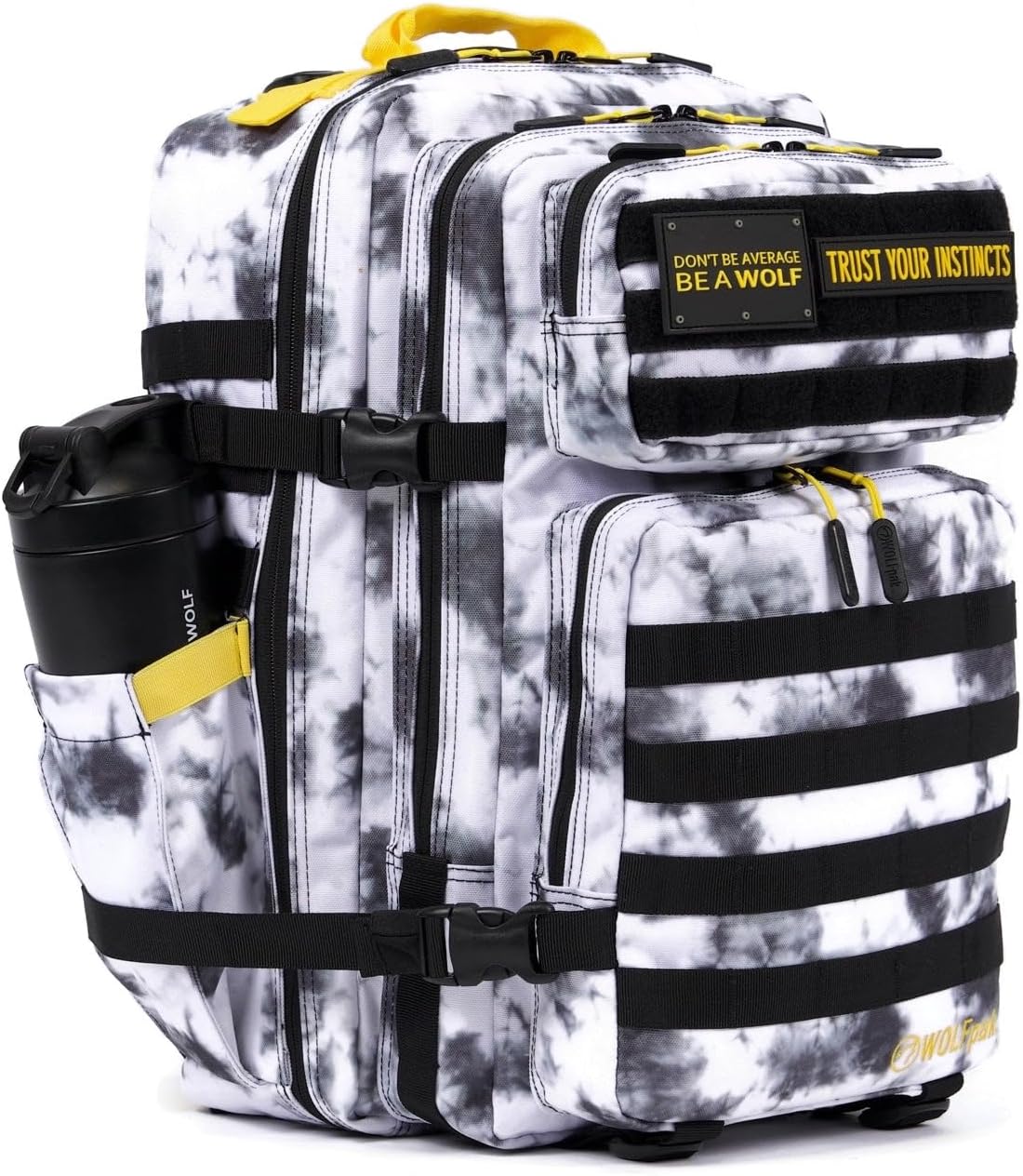WOLFpak 45L Athletic Gym Backpack - Durable 1000D Waterproof Oxford Material w/MOLLE Webbing, Laptop Pocket & Dual Cup Holders, Durable Everyday Gym Backpack (Timber Wolf Yellow Jacket)