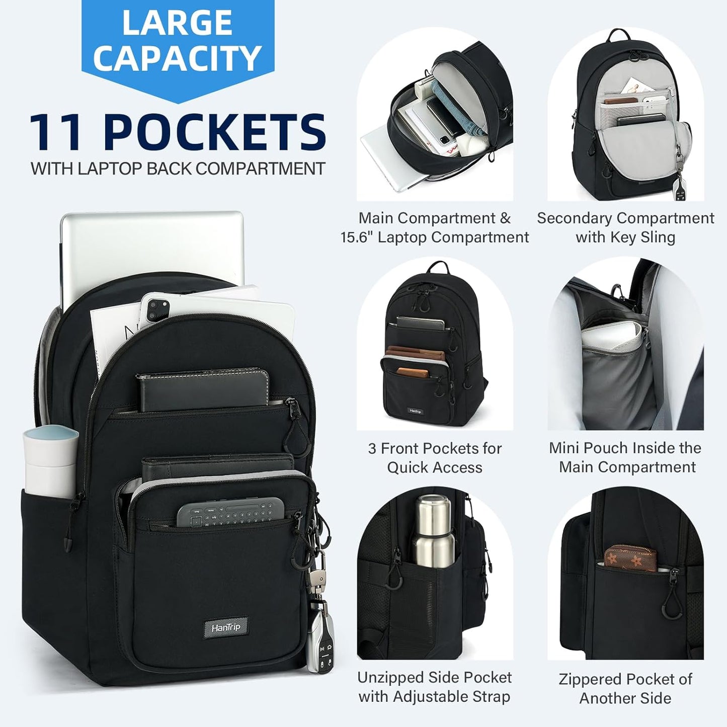 Carry On Travel Backpack For Women, 18 Inch Water Resistant Large Backpack Lightweight Bookbag For Men, 8x14x18 Personal Item Bag Casual Daypack Backpacks For Work Office Commuter (Black)