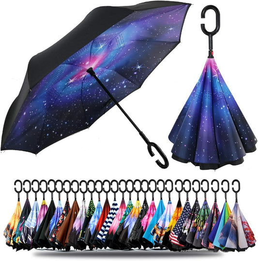 SIEPASA 49/56 Inch Inverted Reverse Upside Down Umbrella, Extra Large Double Canopy Vented Windproof Waterproof Stick Golf Umbrellas with C-shape Handle.