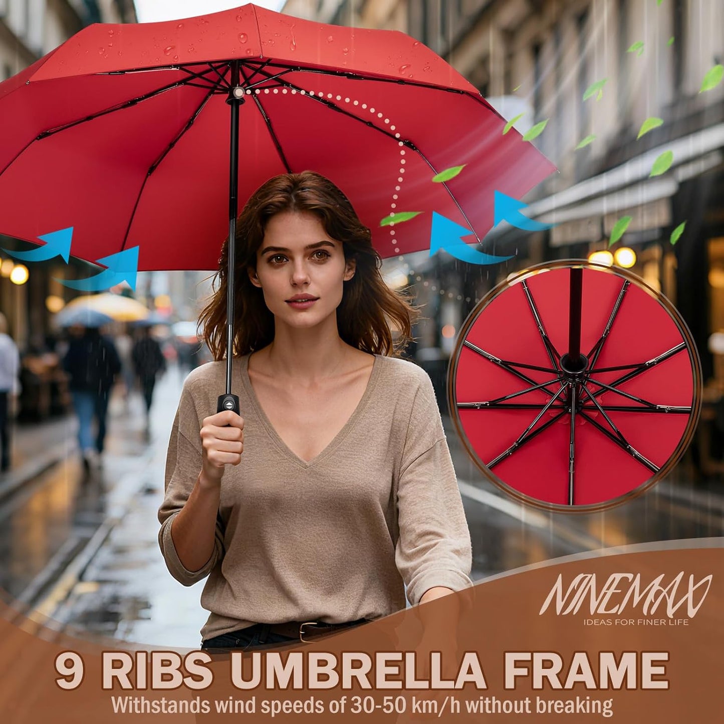NINEMAX Travel Folding Umbrella Windproof for Men Women, Portable Compact Umbrellas Automatic Open and Close for Rain