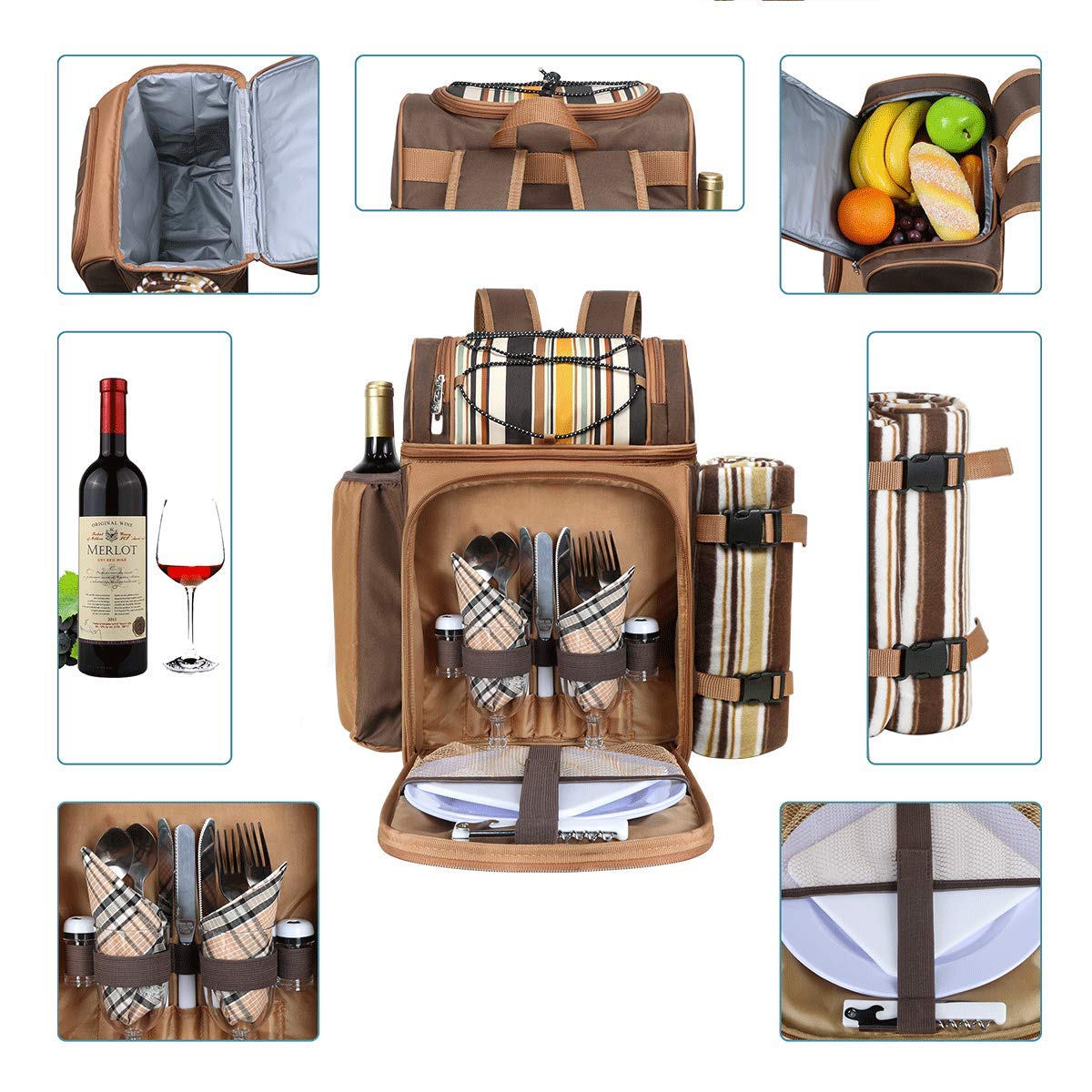 Hap Tim Picnic Basket Backpack for 2 Person with 2 Insulated Cooler Compartment, Wine Holder