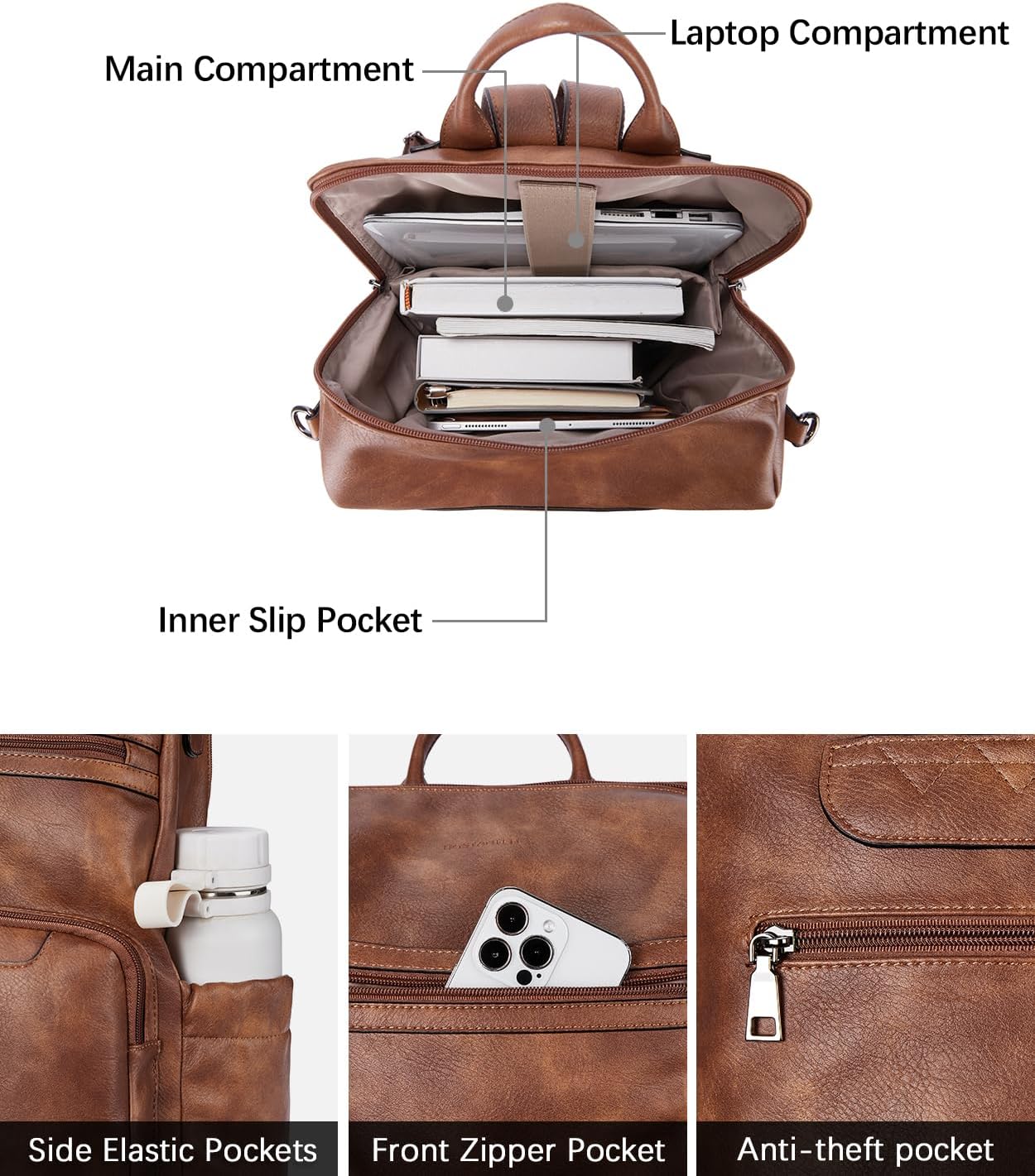BOSTANTEN PU Leather Laptop Backpack for Women Designer Travel Backpack with Laptop Compartment Ladies Computer Shoulder Bags