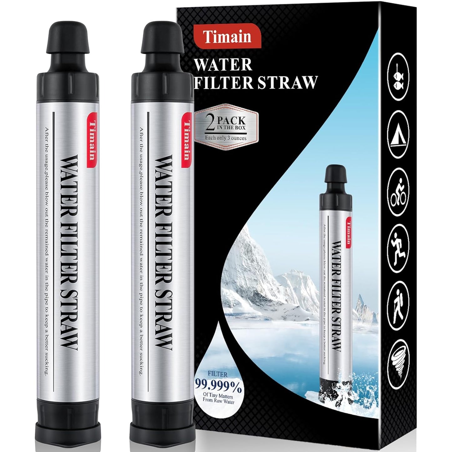 2 Pack Timain 4-Stage Filtration,High Flow Rate Water Filter Straw,Water Purifier Survival for Emergency Kits,Travel,Camping, Hiking,Fishing,Hunting (2)