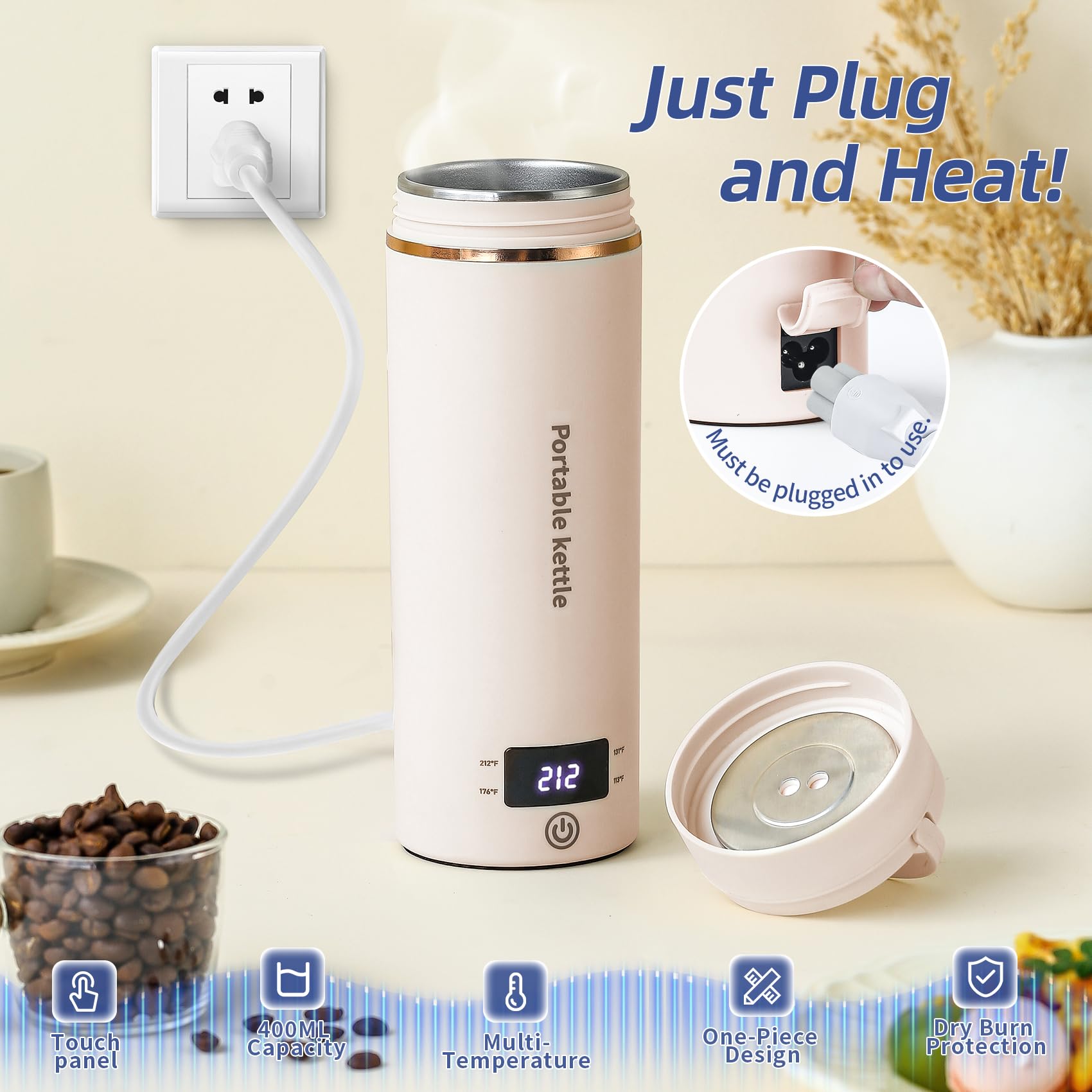 Touxila Portable Electric Kettle for Travel 120V, 13.5oz, 4 Temp Settings