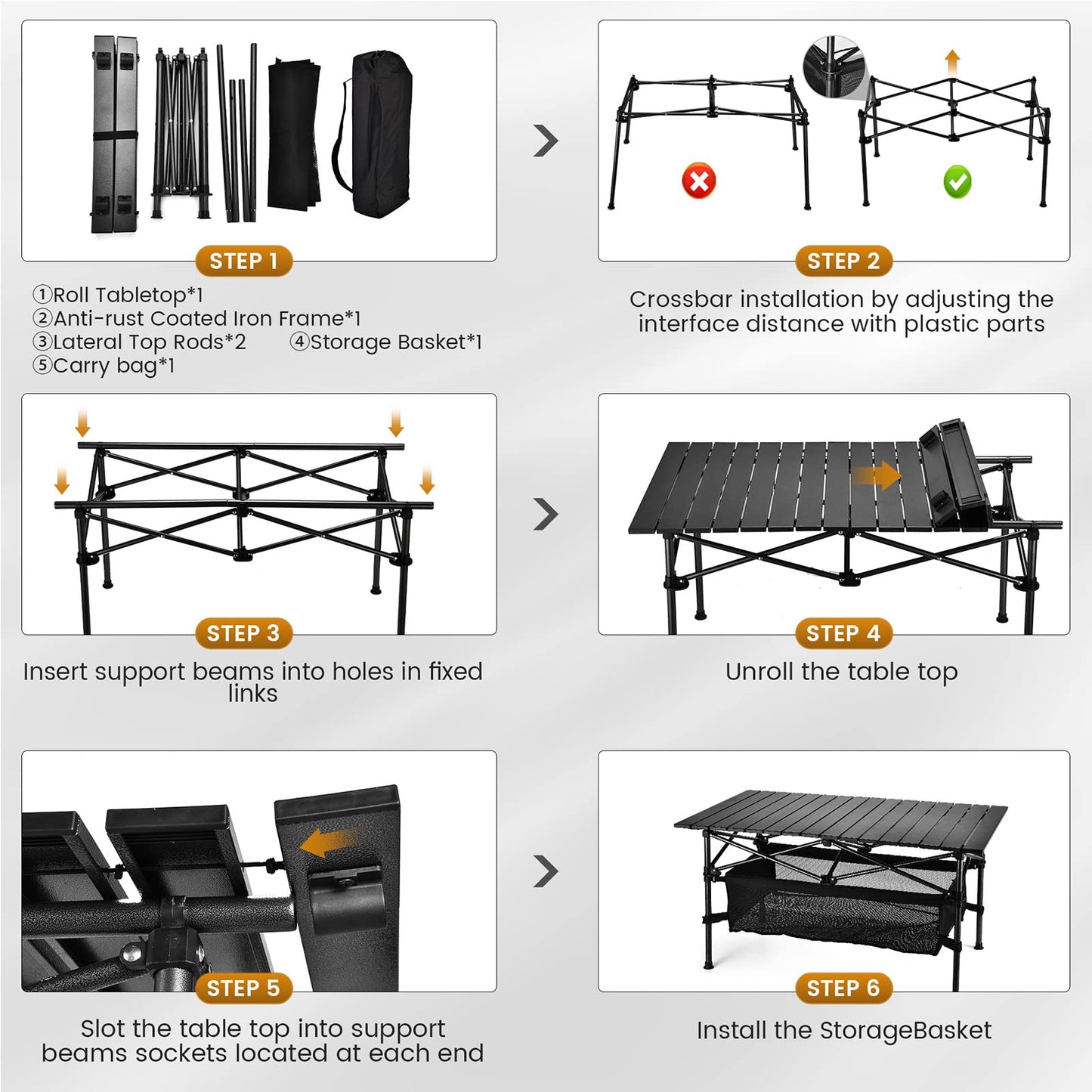 WUROMISE Lightweight Aluminum Folding Camping Table (37.13” x 21.57” x 19.69”), Portable Roll-Up
