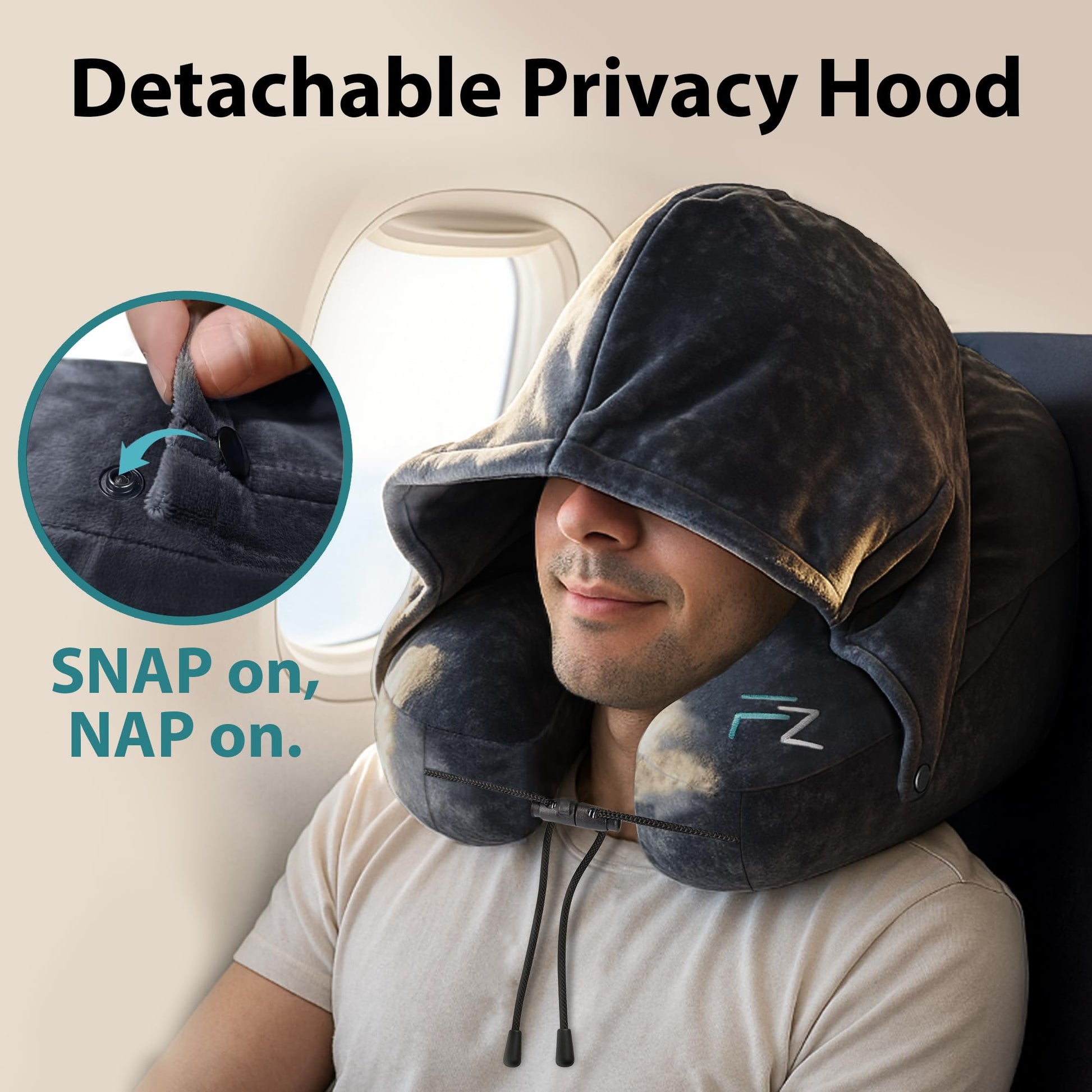 FLOWZOOM Air Inflatable Neck Pillow for Traveling on Plane - H-Shape Hooded Airplane Pillow with 5