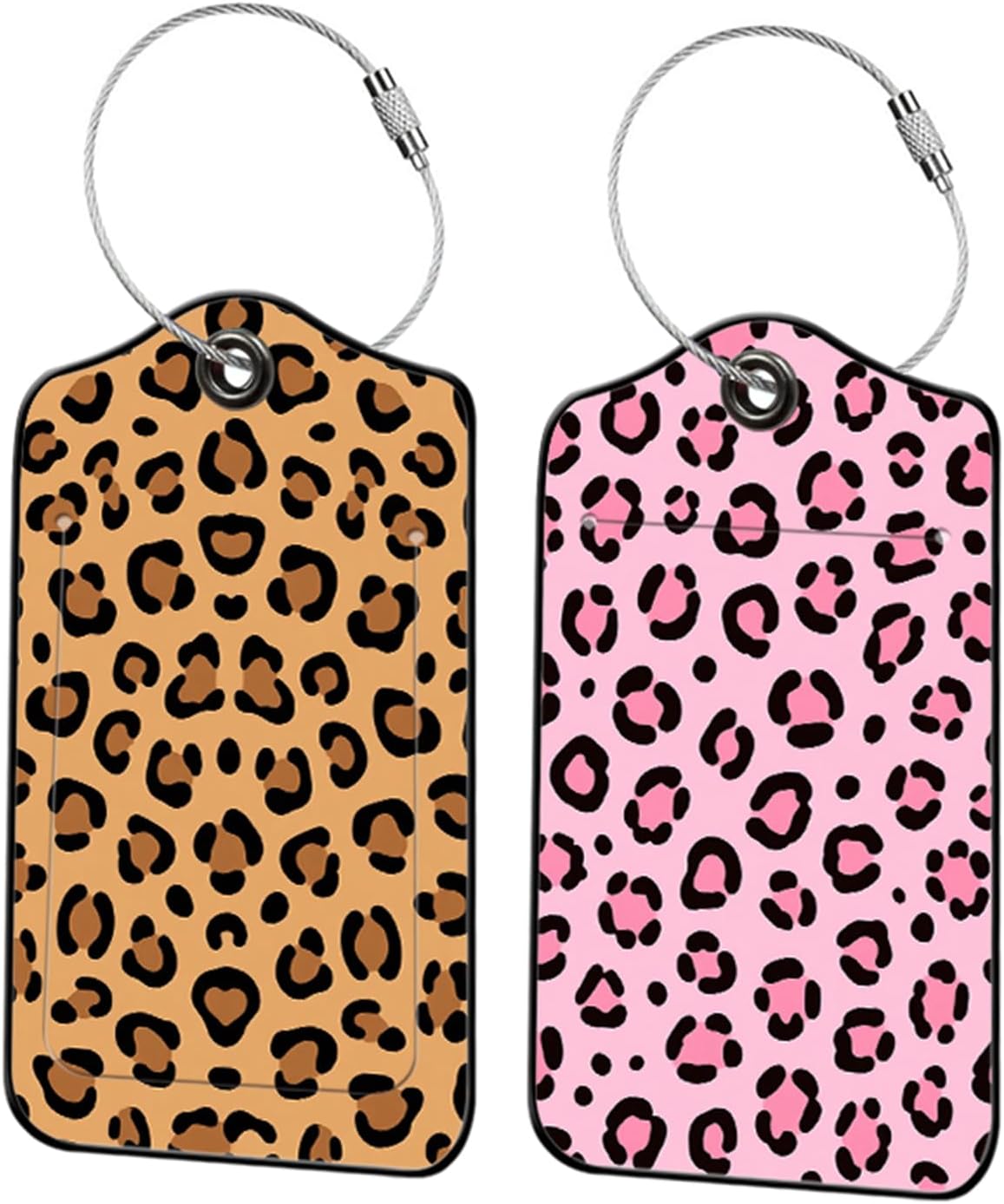 2 Pack Leopard Leather Luggage Tags for Suitcases, Travel Bag Tags with Privacy Cover ID Label with Stainless Steel Loop for Women Men Girls Backpack Gift (Pink Bronze)