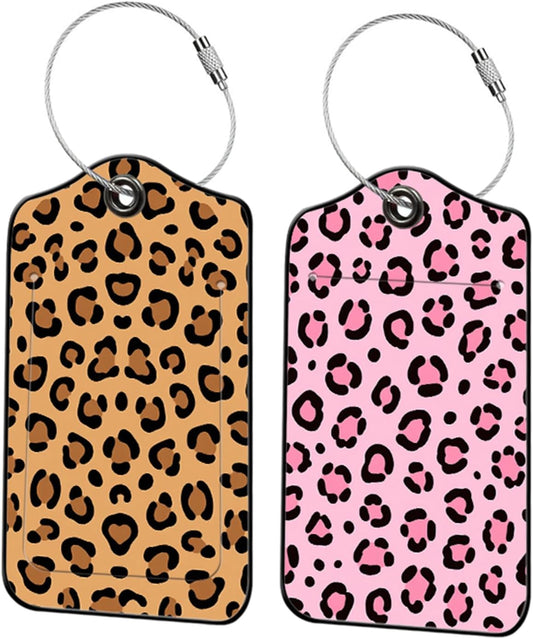 2 Pack Leopard Leather Luggage Tags for Suitcases, Travel Bag Tags with Privacy Cover ID Label with Stainless Steel Loop for Women Men Girls Backpack Gift (Pink Bronze)