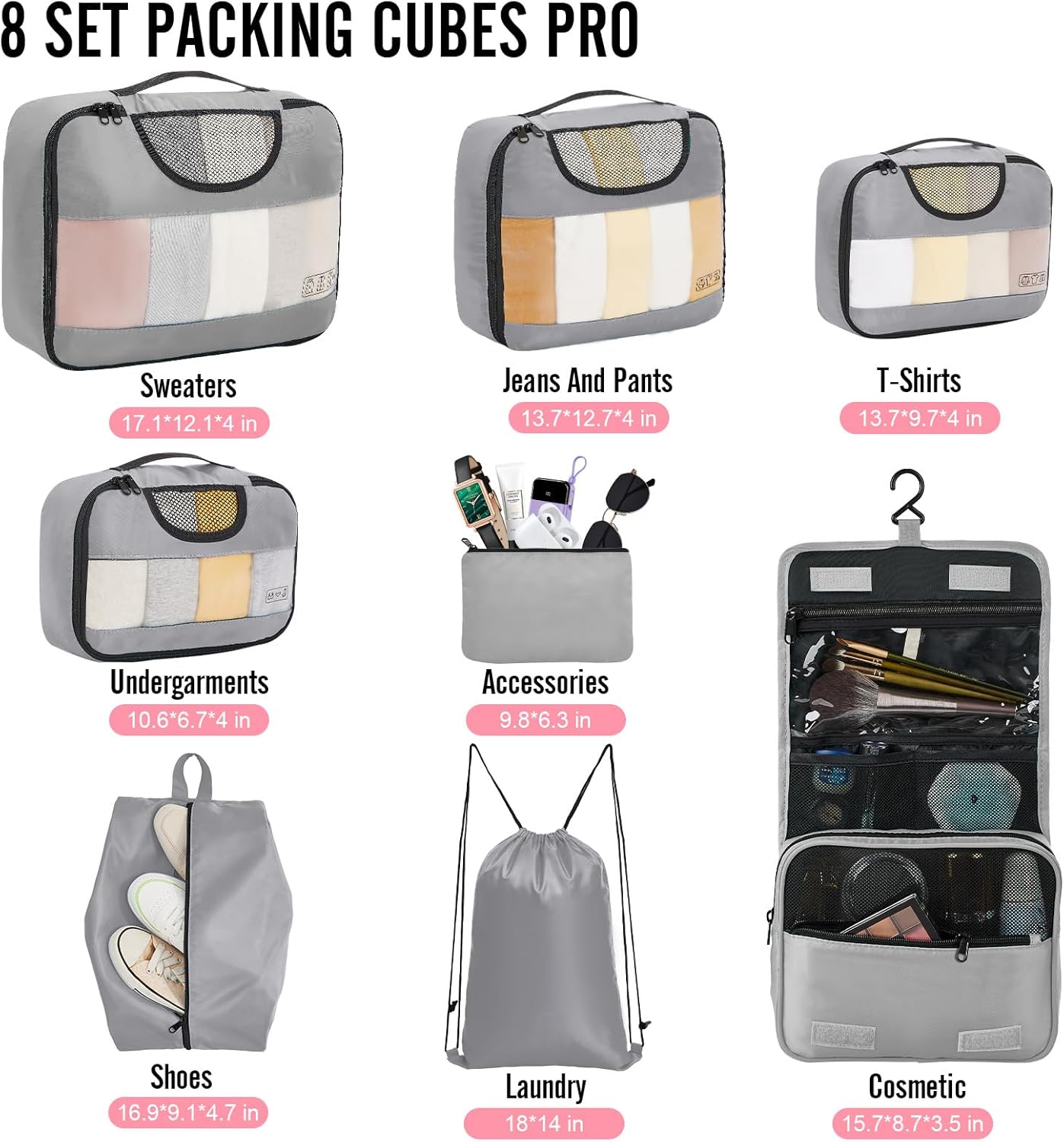 Veken 8 Set Packing Cubes for Travel Essentials, Suitcase Organizer Bags in 4 Sizes, Carry-On