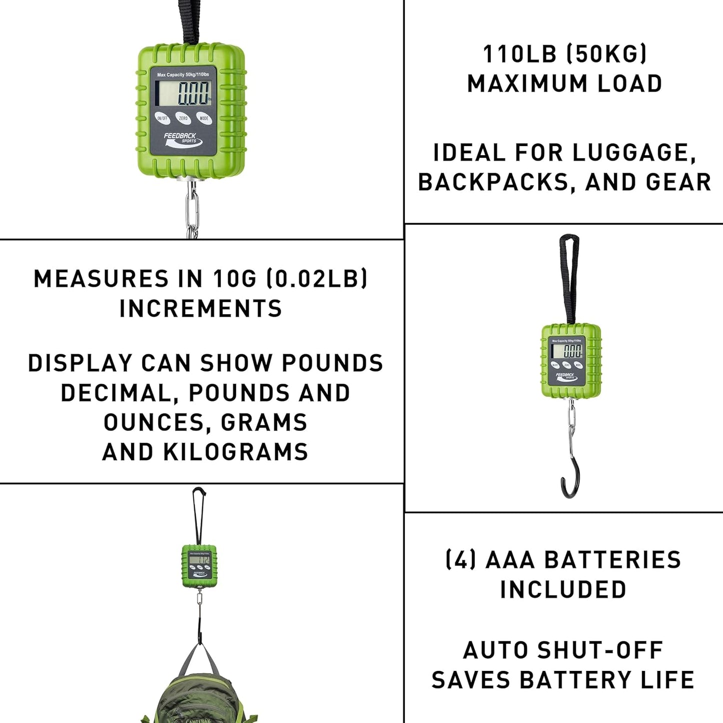 FEEDBACK SPORTS | Expedition Backpacking, Biking, Luggage 110lbs Capacity Digital Scale | Protective Rubber Exterior, Lbs/Kgs/Ounces/Grams/Decimal LCD Display | Batteries Included