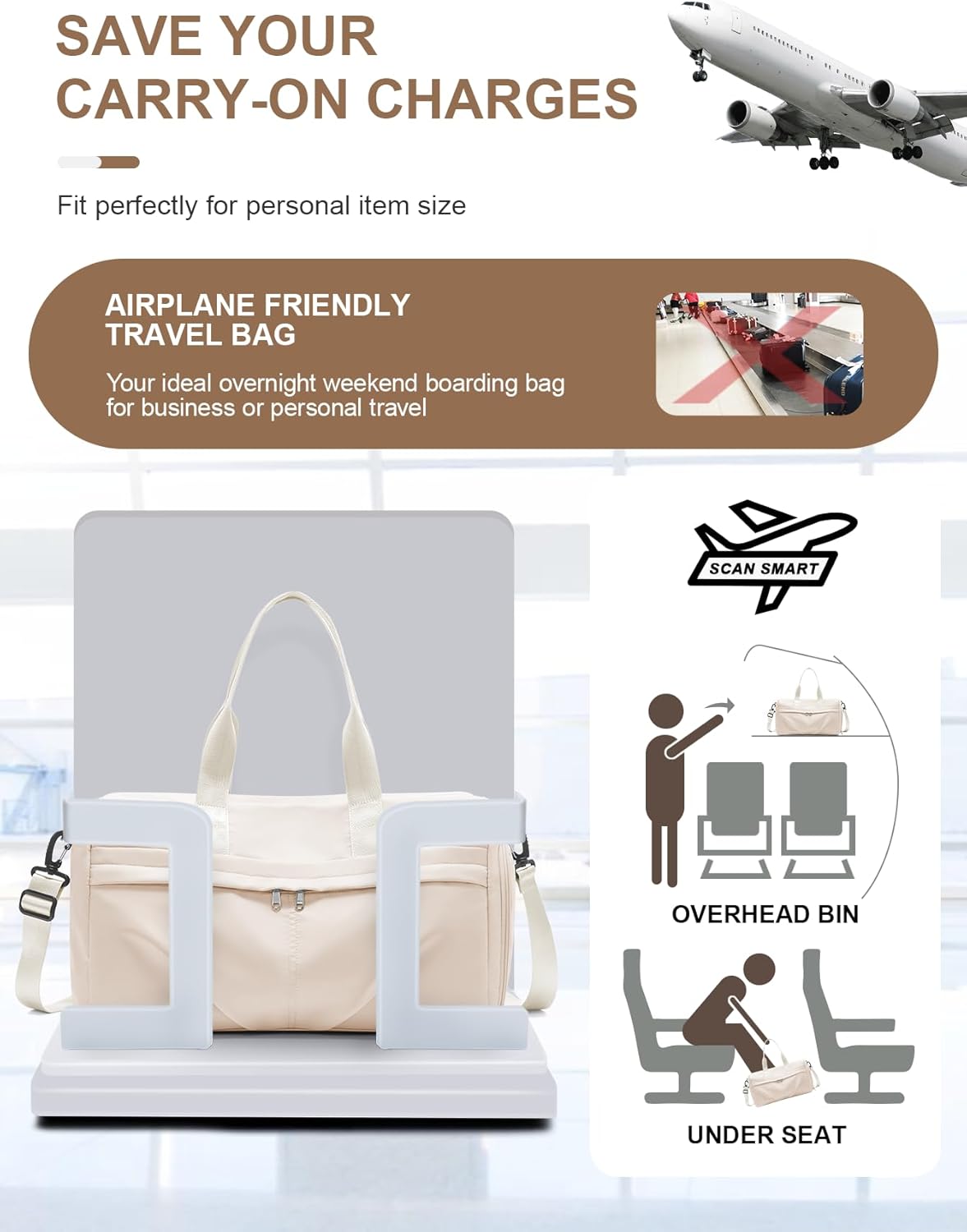 Gym Bag for Women Men with Shoe Compartment, Sport Duffel Bag, Waterproof Travel Weekender Overnight Carry on Bag for Yoga with Trolley Sleeve, Beige