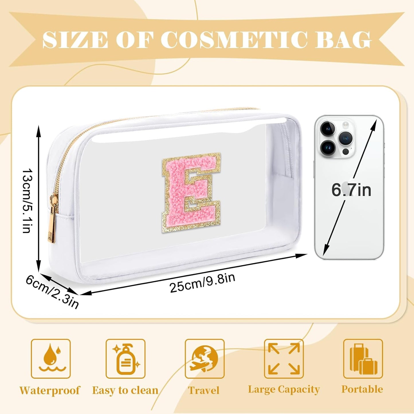 Personalized Initial Letter Clear Makeup Bag,Preppy Small Nylon&PVC Cosmetic Zipper Bag with Chenille Letter,Travel Skincare Toiletry Bag,Monogram Christmas Gift for Teen Girls Women,E