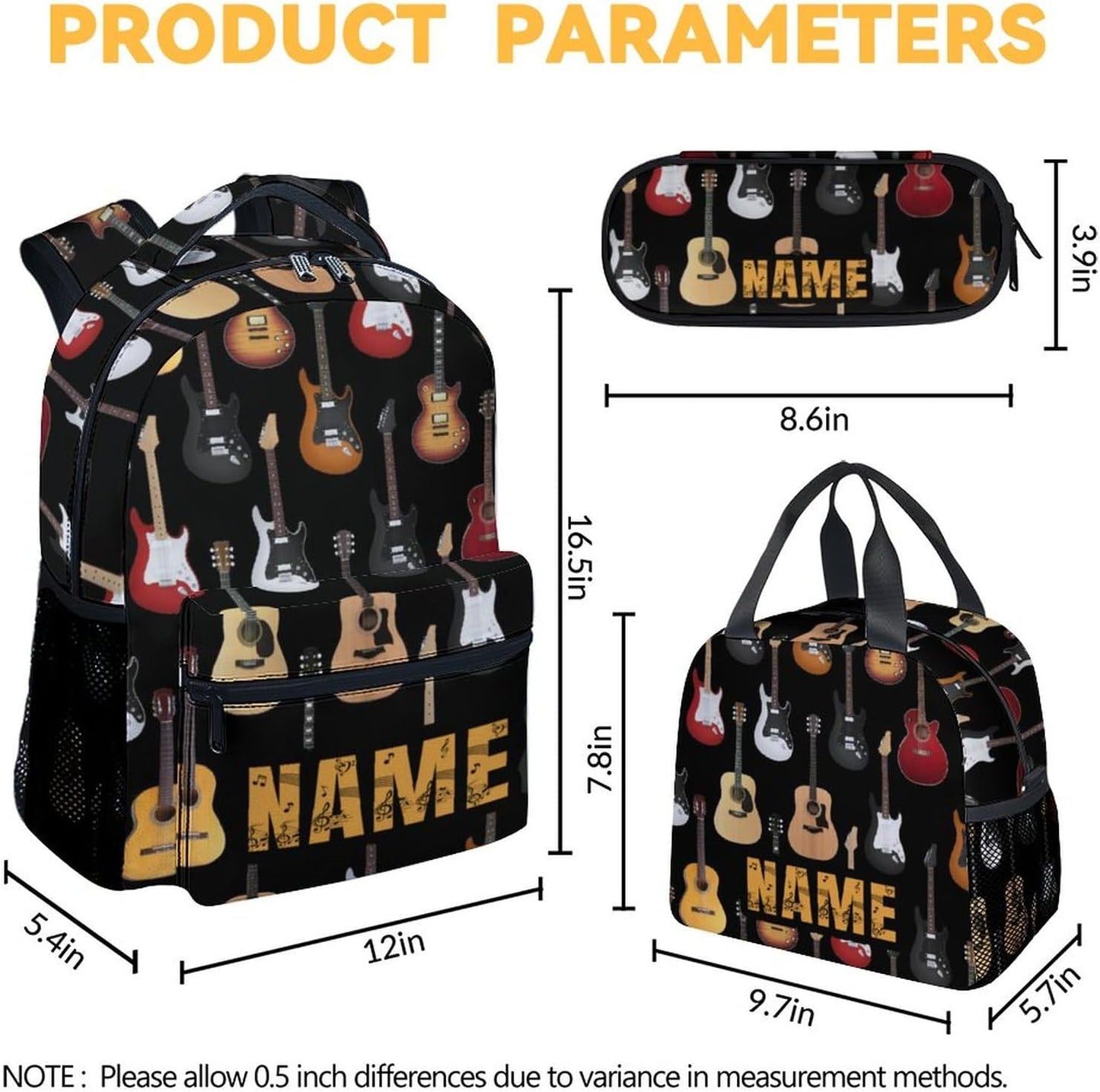 Mercuryelf Personalized Guitar Kids Backpack with Lunch Box Set, 3 in 1 School Backpacks Matching Combo, Popular Black Bookbag and Pencil Case Bundle