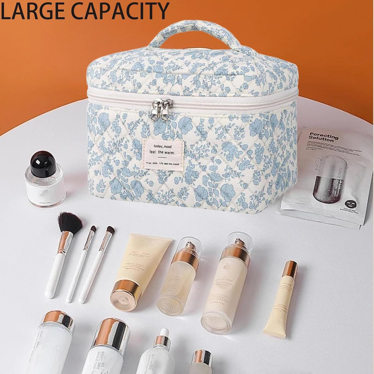 Quilted Makeup Bag, Large Makeup Bag, Cute Cosmetic Bag for Women Girls, Floral Coquette Aesthetic Travel Toiletry Make Up Organizer Bag-Light Blue