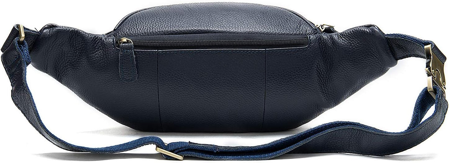 Genuine Leather Fanny Pack large capacity Crossbody Waist Bag with Zipper phone Pockets dark blue