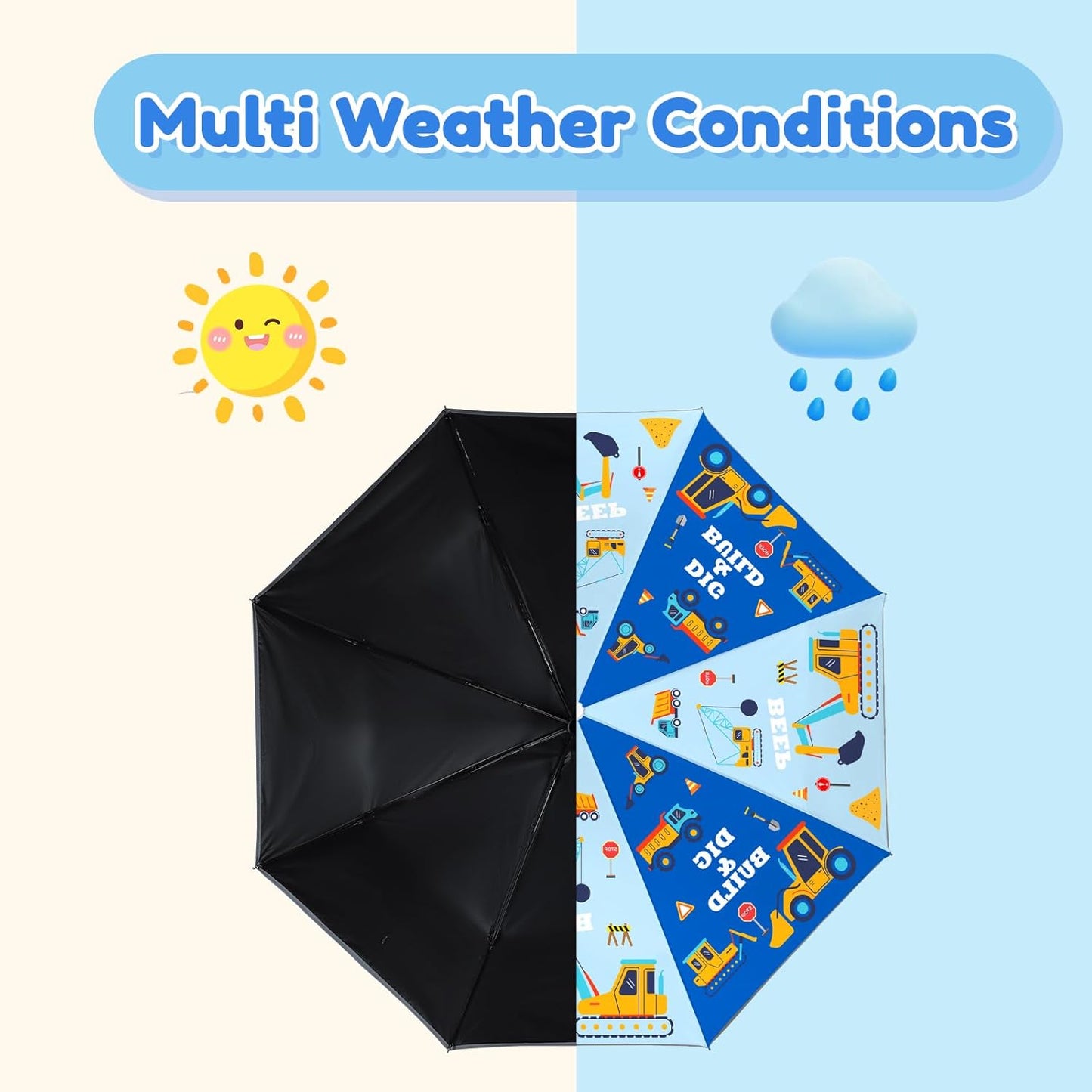 Autoamtic Kids Umbrella UV Resistant, Folding Compact Umbrella 360° Reflective Strip for Travel Outdoor, Lightweight Cute Kids Parasol Anti-rebound Safe for Toddler