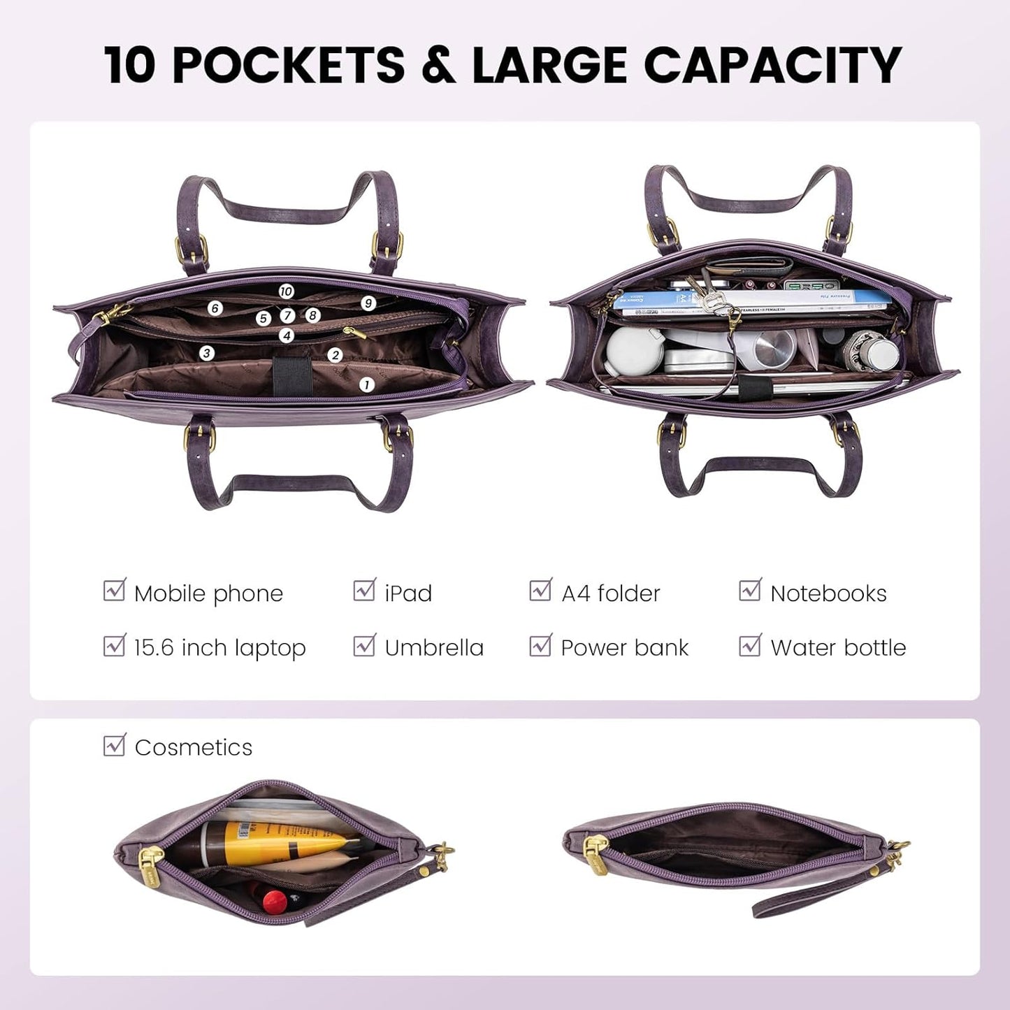 LOVEVOOK Laptop Bag for Women, 15.6 Inch Large Waterproof Leather Work Briefcase with USB Charging Port Casual Computer Shoulder Bag Messenger, Fashion Business Office Tote Handbag Purse, Purple