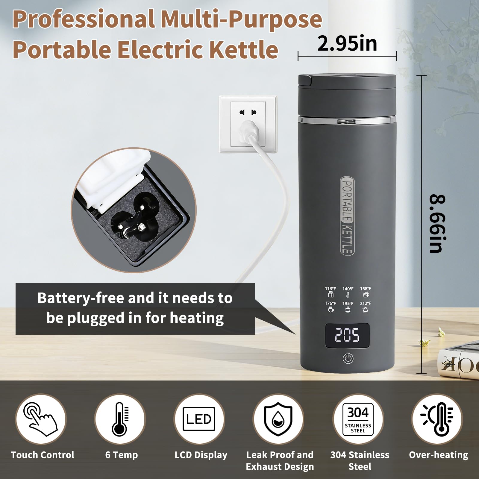 Travel Electric Kettle, LCD Display with 6 Temperature Settings, 304 Stainless Steel, 450ml/15.2oz