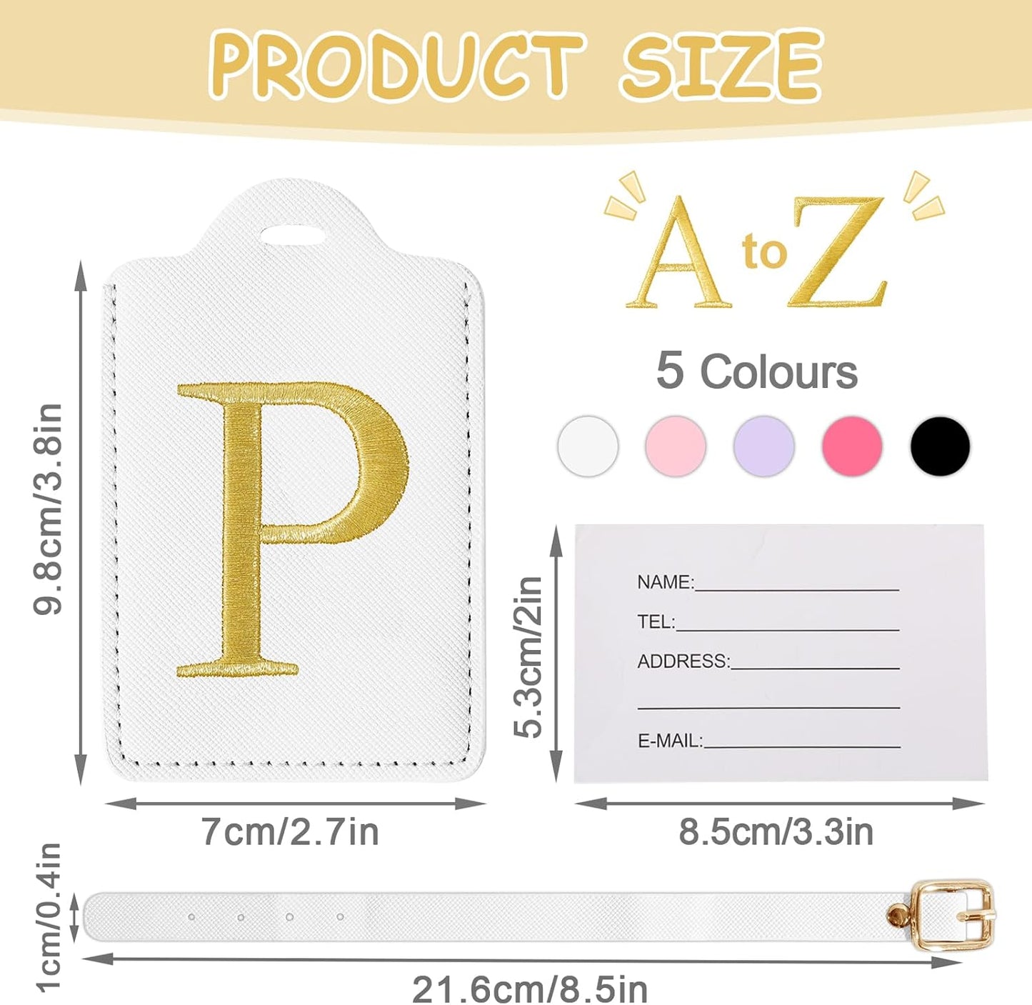 Initial Letter Luggage Tags for Suitcases, Personalized Embroidered Letter Luggage Bag Suitcase Identifier Name Tag, Cute PU Leather Travel Luggage Tags, Bag Tags for Luggage Handbags(White P)