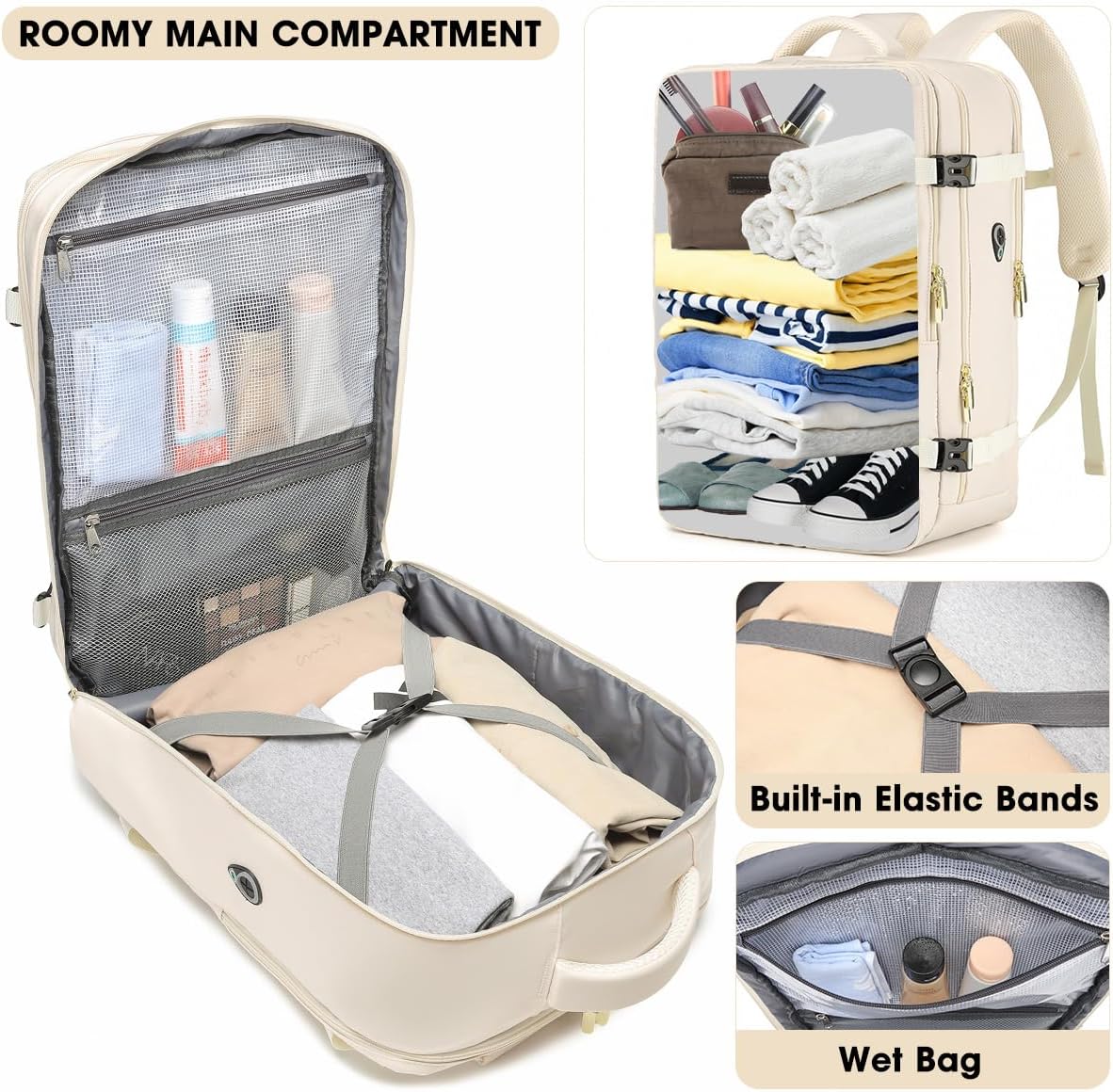 Large Carry On Travel Backpack - Flight Approved Waterproof Luggage Suitcase Backpacks Personal Item Size for Women Men Fit 17 Inch Laptop College Overnight Bag Anti-Theft Weekender Daypack Beige