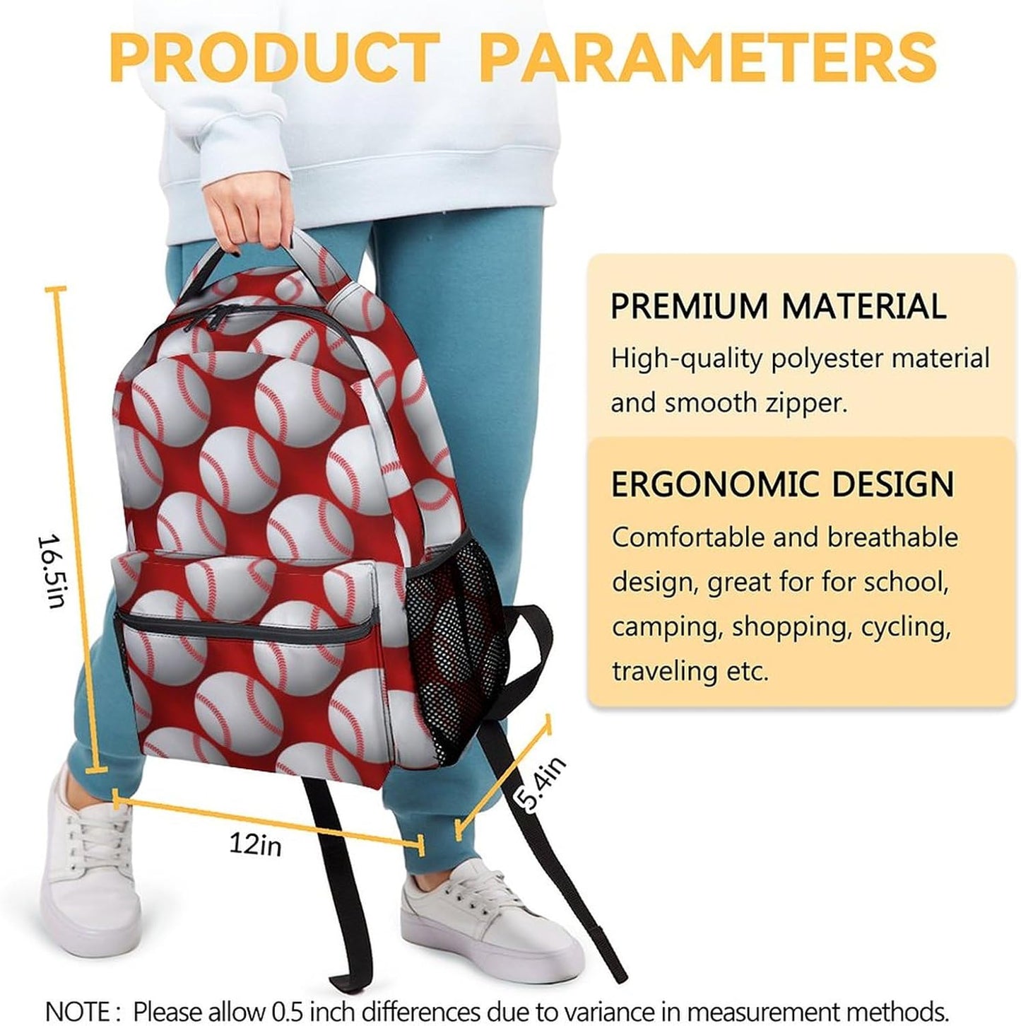 Baseball Backpack for Boys, 16 Inch Sports Theme Backpack for School, Adjustable Straps, Durable, Lightweight Bookbag for Kids