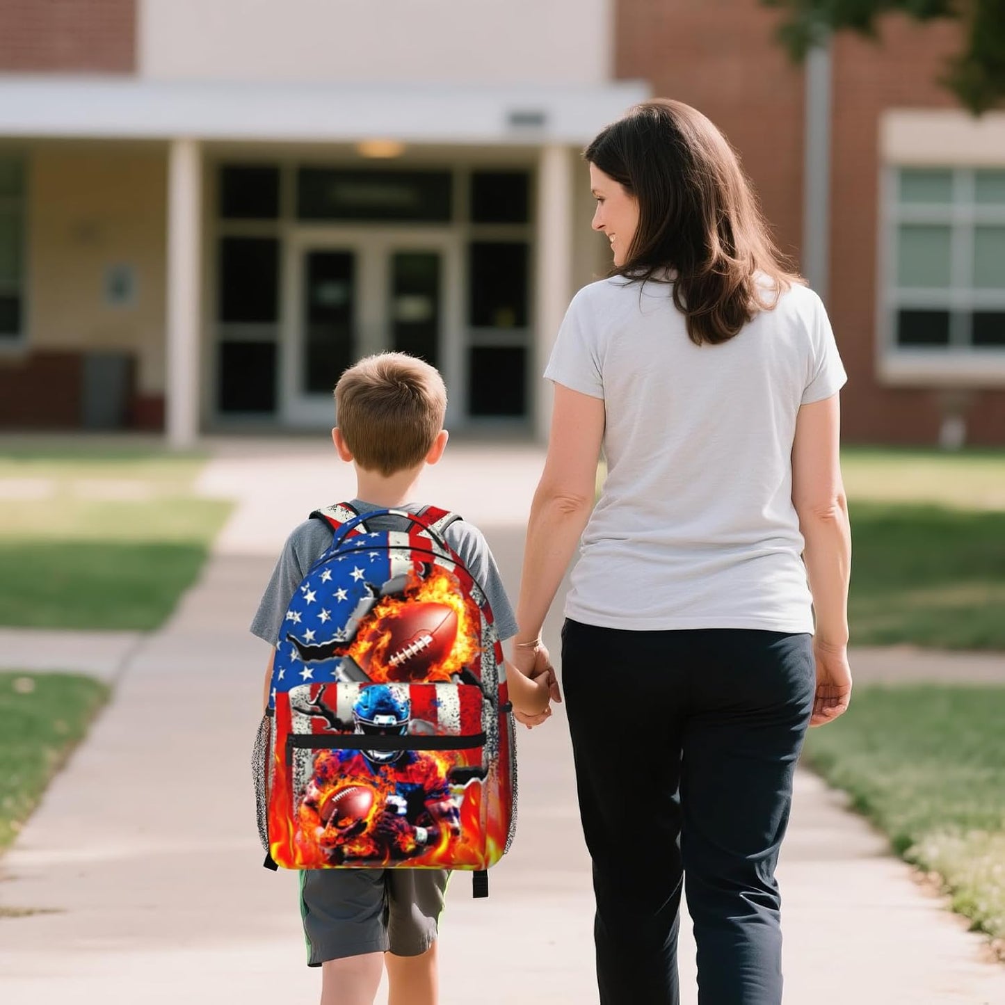 American Football School Backpack for Boys Sports Theme Backpack for Kid Boys Ages 6-18 Elementary Middle School Students Kids' Backpacks Football American Flag Bookbag Travel Back Pack