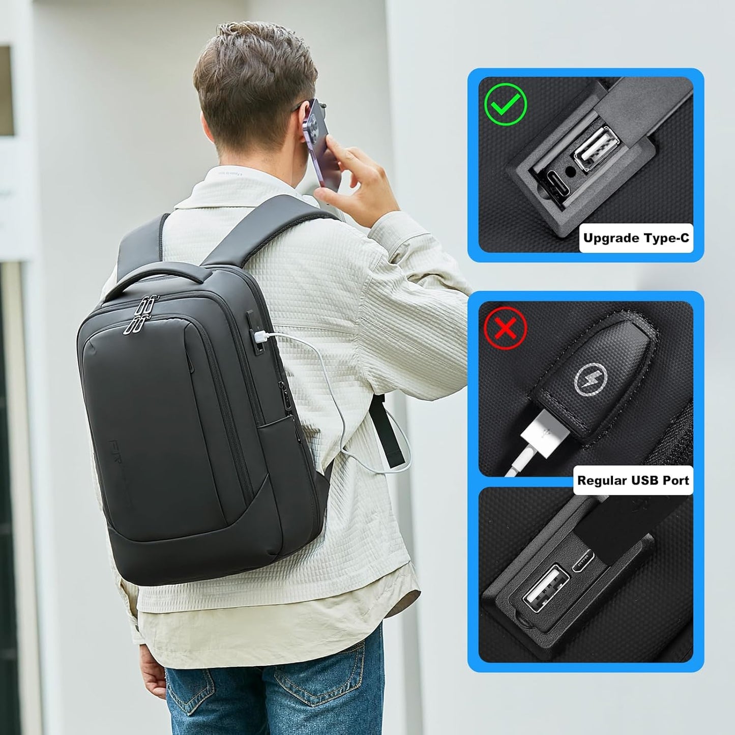 FENRUIEN 15.6 Inch Laptop Backpack, Slim Business Backpack with USB Charging Port, Water Resistant Computer Backpack for Work/Travel, Black