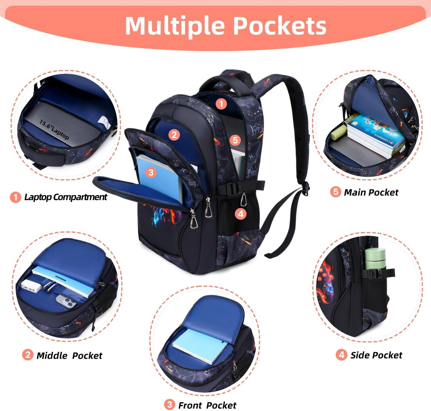 Boys Backpack Elementary School Bookbag Waterproof Durable Sturdy Kids Schoolbag Casual Travel Daypack(1-Black-game)
