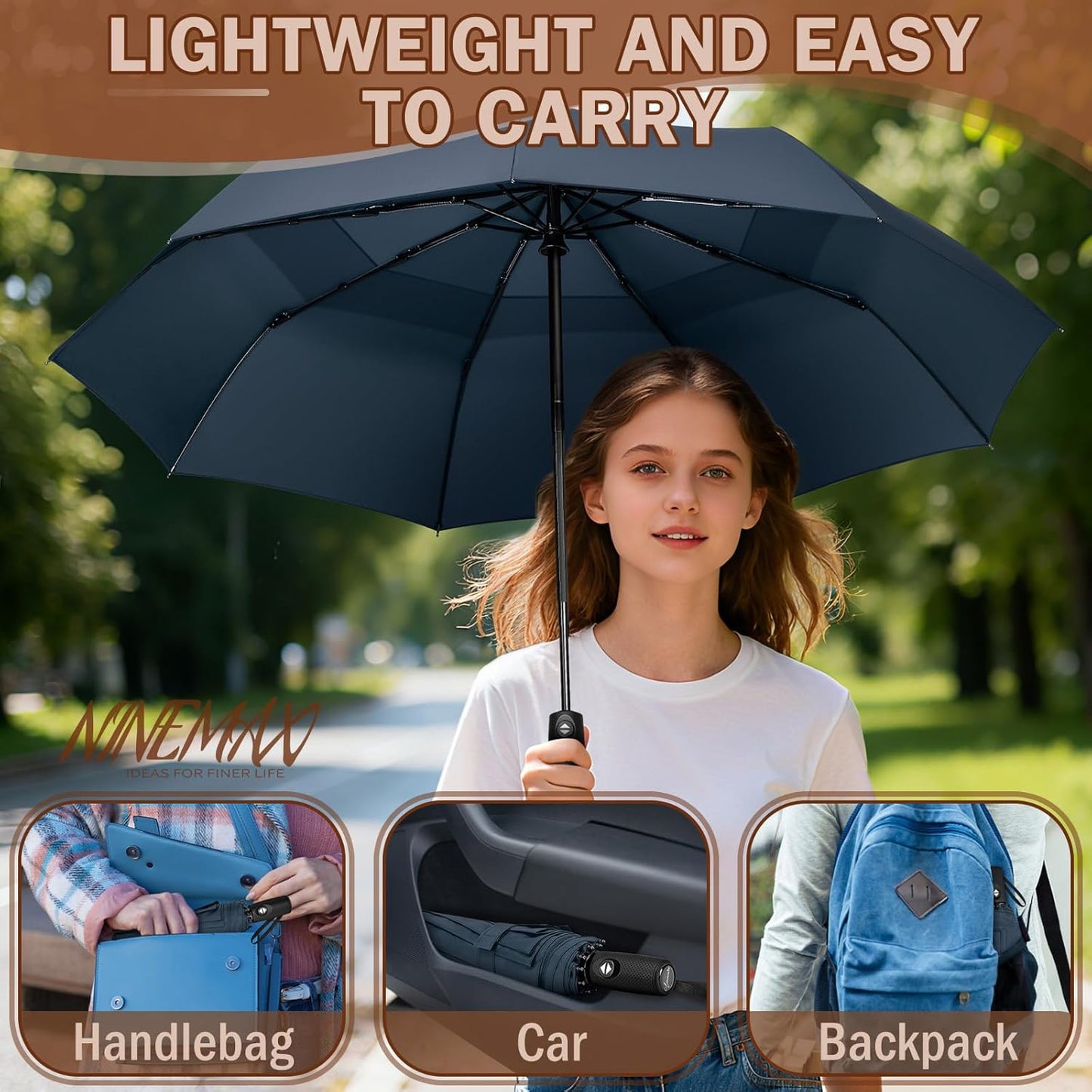 NINEMAX Windproof Travel Umbrella for Rain, Automatic Umbrellas Double Canopy Vented Compact for Men Women (Navy Blue)