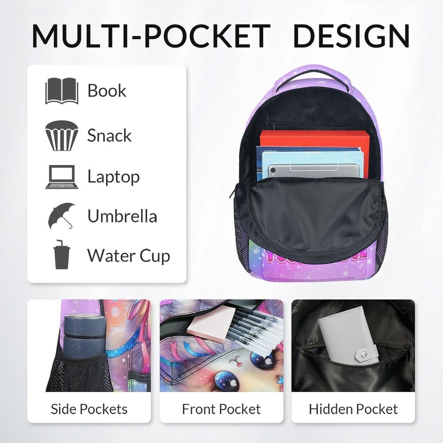School Backpack for Girls, Personalized Cat Backpack for Kids, 17" Cute Rainbow Bookbag for