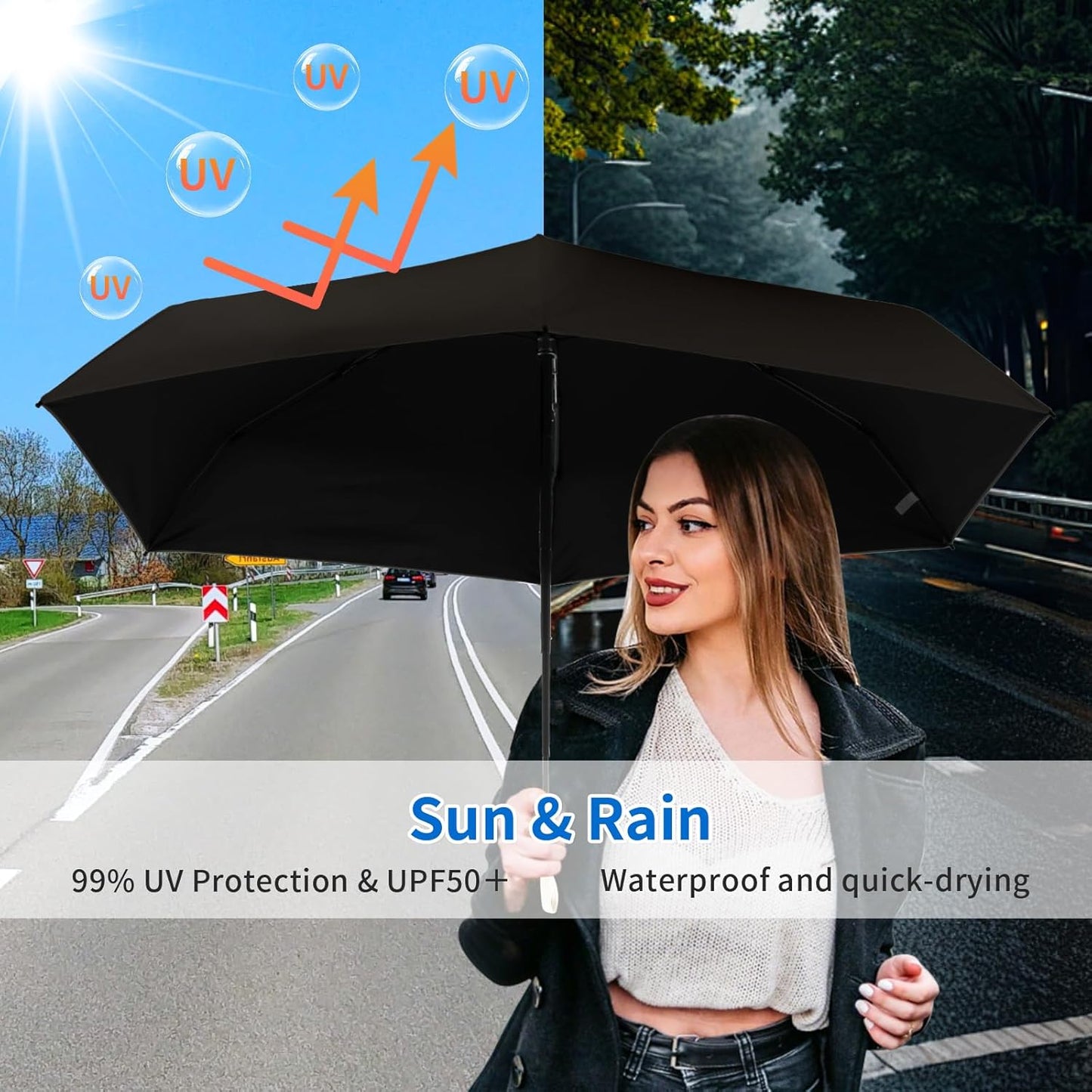 Compact Mini Windproof Travel Umbrella-UPF 50+ Sun & Rain Protection, Small Folding Design Fits in Pocket or Purse, Lightweight Portable with Case for Women, Men & Kids