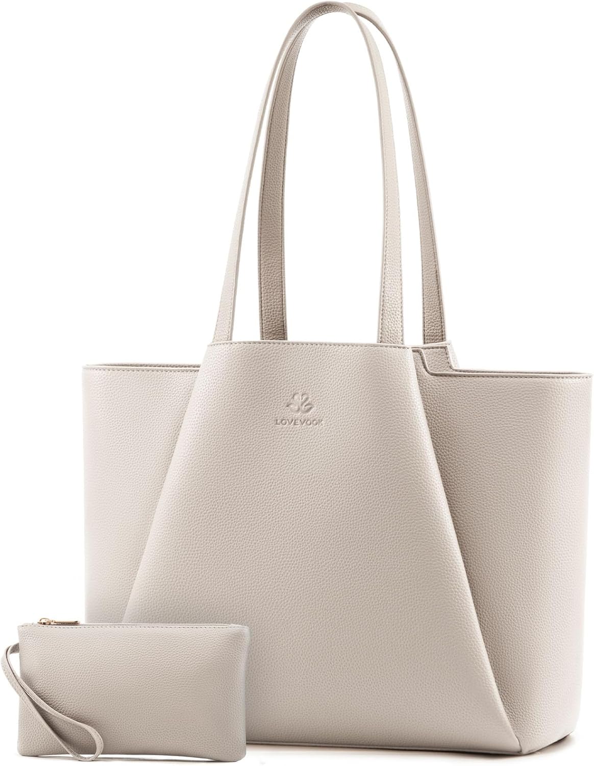 LOVEVOOK Laptop Tote for Women - 15.6 Inch Faux Leather Laptop Bag with Clutch, Large Capacity Office Purse for Casual Business Travel, Off White