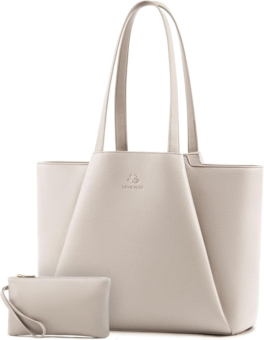 LOVEVOOK Laptop Tote for Women - 15.6 Inch Faux Leather Laptop Bag with Clutch, Large Capacity Office Purse for Casual Business Travel, Off White